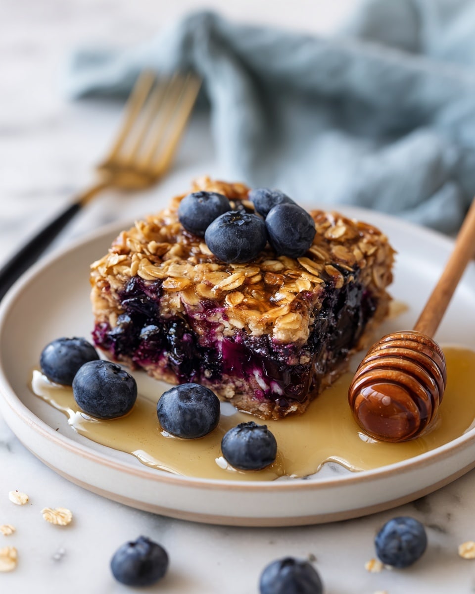 A square piece of a blueberry oat bar sits on a white ceramic plate, showing two layers: the bottom is a soft, golden oat base speckled with small oat flakes, and the top is a thick layer of dark purple cooked blueberries mixed with crunchy oats, creating a textured, slightly glossy finish. Around the bar, a few fresh whole blueberries rest on the white marbled surface, and a wooden honey dipper lies to the right with some honey dripping onto the plate. A small gold fork is placed behind the plate. Photo taken with an iphone --ar 4:5 --v 7