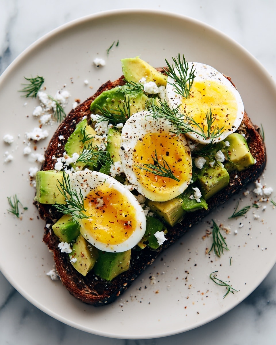 A thick slice of dark toasted bread forms the base with a rough, crunchy texture. On top, medium green avocado slices are neatly layered, showing soft and smooth flesh. Three halved boiled eggs with firm whites and bright yellow yolks sit on the avocado, sprinkled with small bits of white cheese and finely chopped green herbs. Fresh green dill sprigs are spread across the eggs, adding a light and feathery texture. The dish is placed on a white plate with some scattered herbs and spices around it on a white marbled surface. The lighting highlights the fresh colors and textures clearly photo taken with an iphone --ar 4:5 --v 7