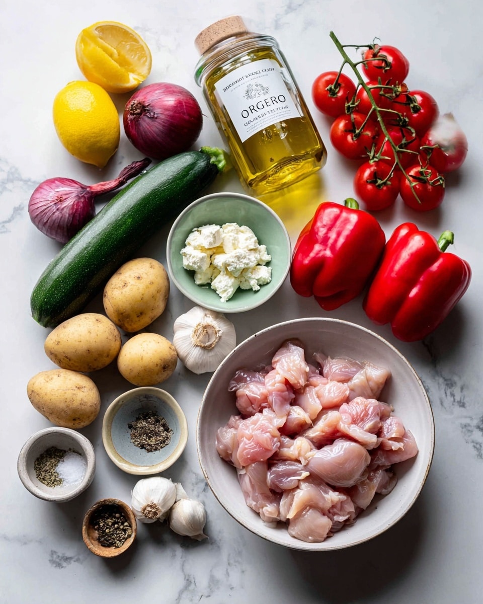 The image shows different ingredients neatly arranged on a white marbled surface. There is a white bowl filled with raw, pink chicken pieces placed at the bottom right. Next to it are a bright red bell pepper and a bunch of vibrant red cherry tomatoes still on the vine at the top right. In the middle, there is a small light green bowl containing white crumbly feta cheese. A glass jar labeled