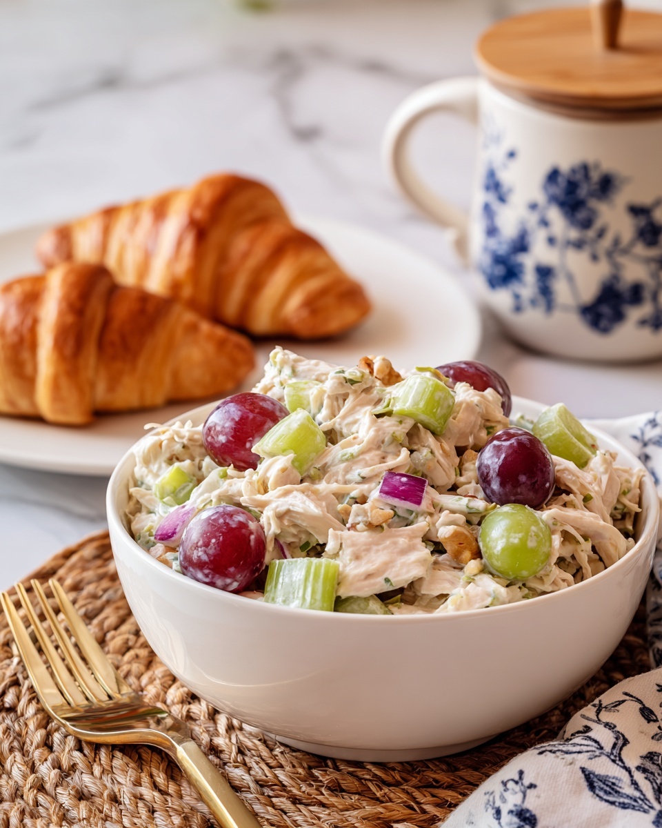 A white bowl on a white marbled surface holds a creamy chicken salad with visible layers of shredded white chicken mixed with creamy dressing, light green chunks of celery, small pieces of purple onion, and whole red grapes scattered throughout. Behind the bowl, there is a white plate with two golden-brown croissants. Part of a green leafy lettuce is visible at the bottom left, and a small glass bowl with nuts is at the bottom right. In the back left, a white container with blue floral patterns and a wooden lid is partly shown. photo taken with an iphone --ar 4:5 --v 7
