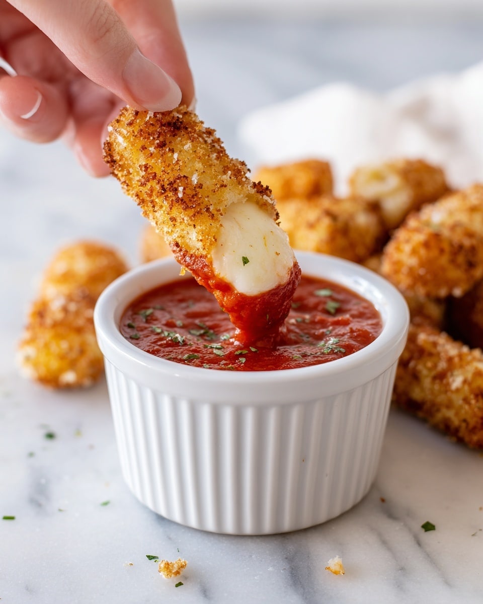 A woman's hand is dipping a cooked mozzarella stick into a small white ribbed cup filled with bright red marinara sauce. The mozzarella stick looks soft and creamy with a slightly golden-brown baked exterior and some melted cheese texture. The cup is placed on a white marbled surface with small crumbs and more mozzarella sticks blurred in the background. The scene is brightly lit with a clean and simple look. photo taken with an iphone --ar 4:5 --v 7