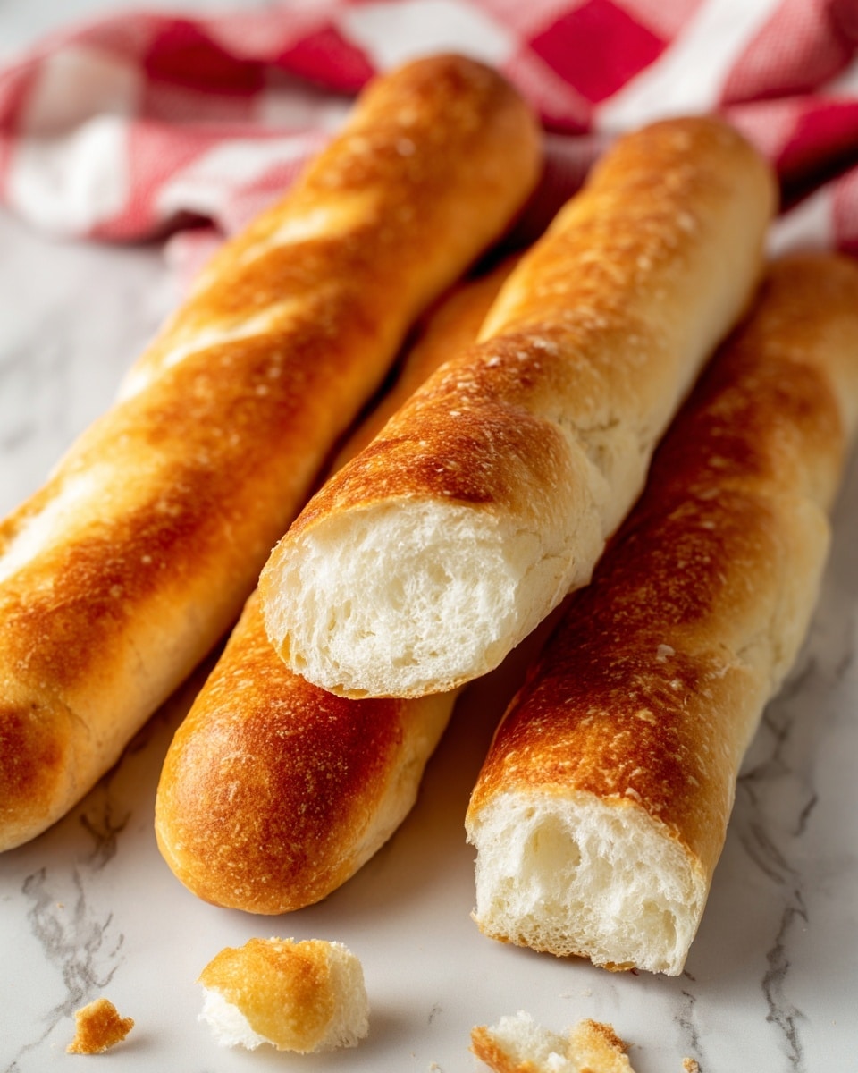 The image shows several golden brown breadsticks lying close together on a white marbled surface. One breadstick is partially eaten, revealing a soft, fluffy white inside with a torn piece next to it. The breadsticks have a shiny, slightly crisp-looking crust, varying from light to darker golden tones. In the background, there is a red and white checkered cloth that is slightly out of focus. The overall look is warm and fresh, highlighting the texture contrast between the crunchy outside and soft inside of the breadsticks photo taken with an iphone --ar 4:5 --v 7