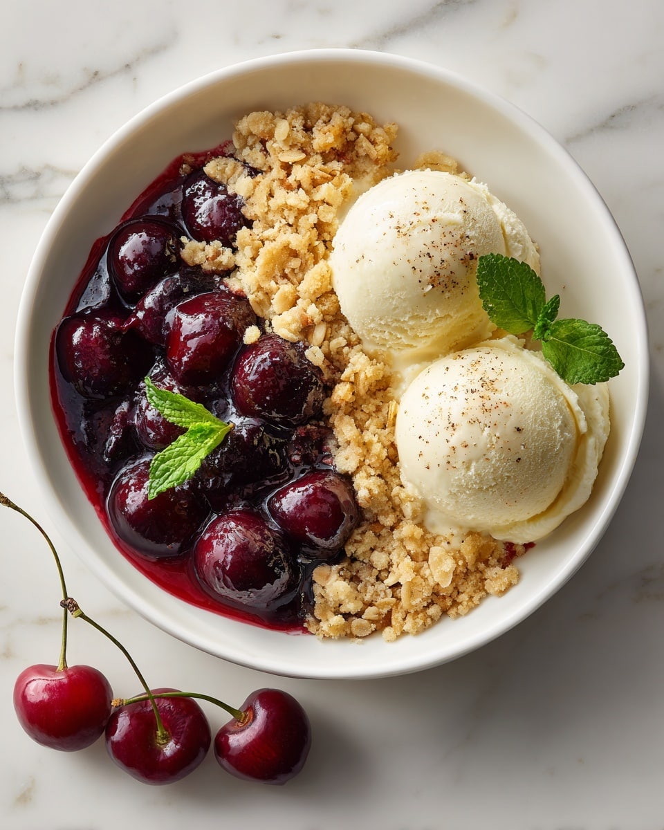 A white dish filled with three main layers: the bottom layer is a dark red cherry filling with whole cherries visible, the middle layer is a crumbly oat topping that is golden brown and crunchy looking, and the top layer consists of three scoops of creamy vanilla ice cream on one side, garnished with a small bright green mint leaf. Around the dish on the white marbled surface are two fresh dark red cherries. The photo taken with an iphone --ar 4:5 --v 7