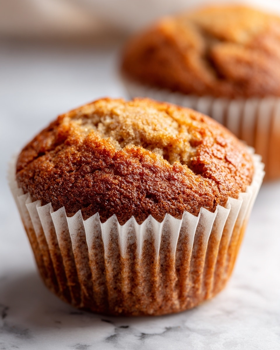 Two brown muffins are stacked on top of each other on a white marbled surface. The muffins have a slightly rough, cracked texture on top, and they are wrapped in reddish-brown paper liners with vertical ridges. Around the main stack, there are more muffins blurred in the background, giving depth to the image. The lighting is soft, and the background is plain white, making the muffins the focus. photo taken with an iphone --ar 4:5 --v 7