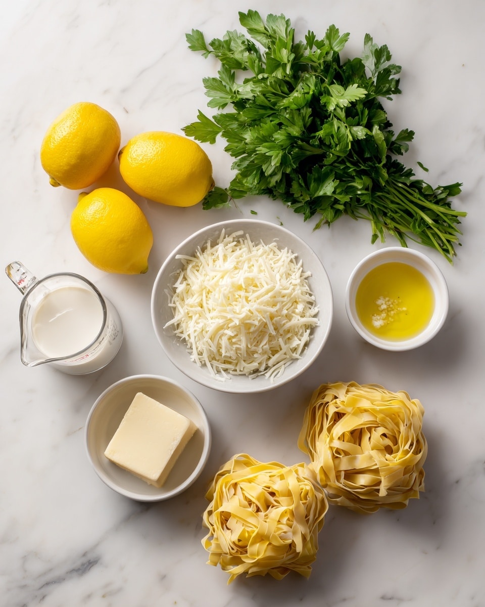 The image shows several cooking ingredients neatly placed on a white marbled surface. On the left, there are two bright yellow lemons sitting next to a bunch of fresh green parsley. In the center, a white bowl is filled with shredded white cheese. Surrounding it are three smaller white bowls holding a square piece of pale yellow butter, a golden yellow liquid, and finely minced garlic. On the bottom left, a clear glass measuring cup contains white cream. On the right side, there are four nests of yellow tagliatelle pasta with a marbled pattern. Photo taken with an iphone --ar 4:5 --v 7