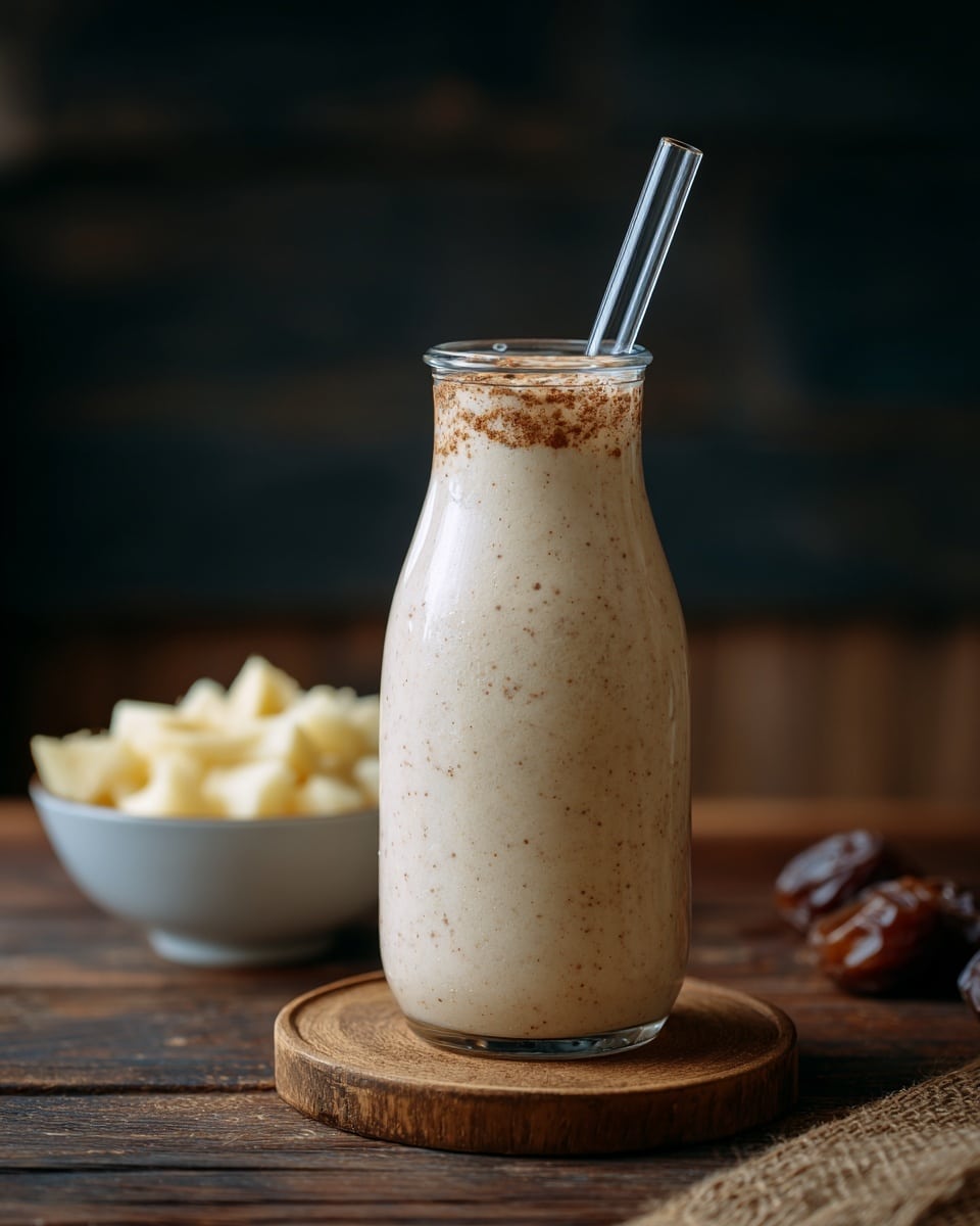 A tall, clear glass bottle filled with a thick, light brown smoothie that has small specks visible throughout, topped with a light foam and a dusting of cinnamon or spice powder, with a clear glass straw inserted at an angle. The bottle is placed on a round wooden coaster. In the blurred background, there is a white bowl filled with light yellow banana pieces sitting on a wooden surface, all set against a dark backdrop with a white marbled texture surface. Photo taken with an iphone --ar 4:5 --v 7