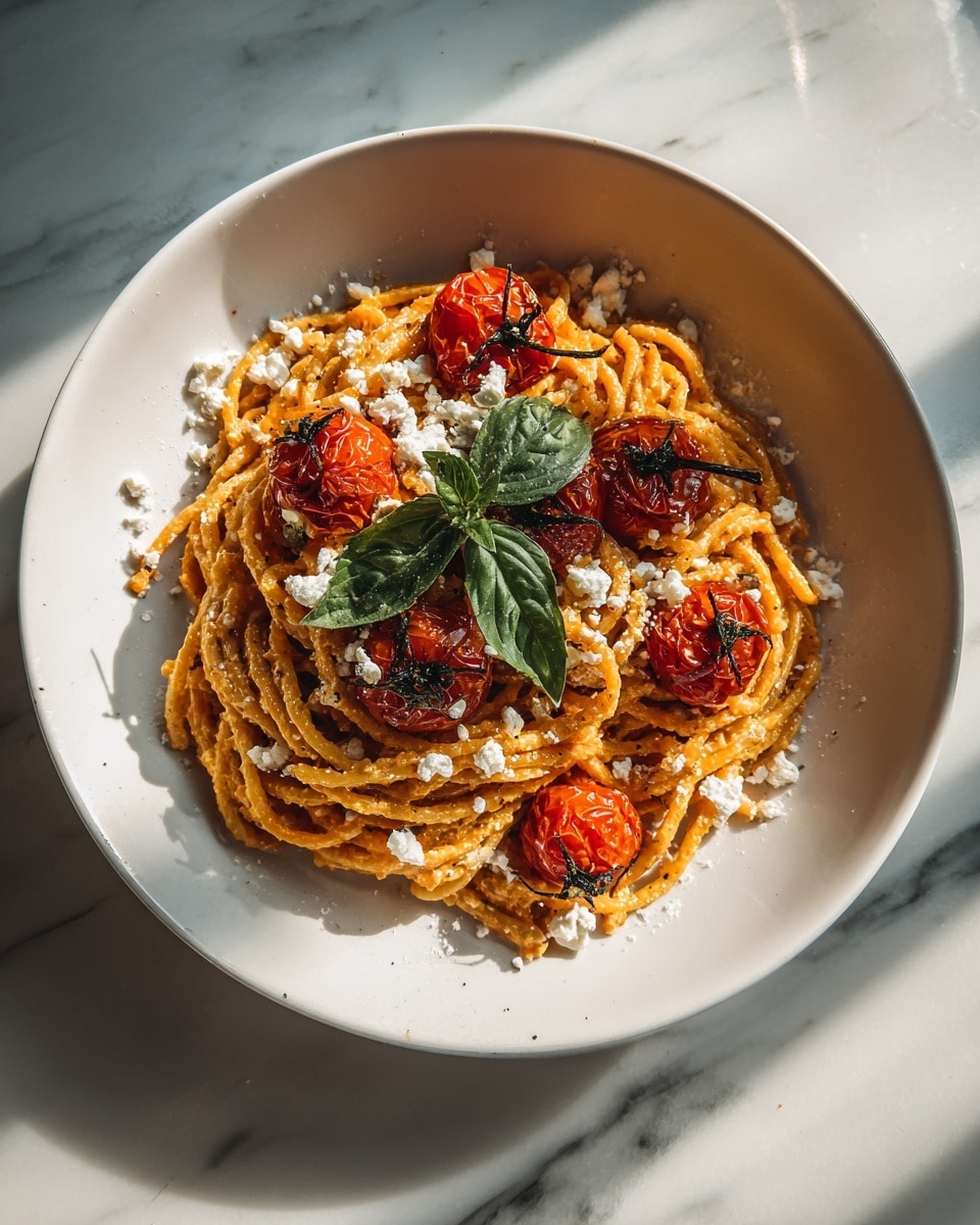 A round white plate holds a nest of spaghetti with a soft orange sauce, topped with several bright red roasted cherry tomatoes scattered around. White crumbles of cheese are sprinkled over the pasta and tomatoes, with a few dark green dried herb flakes adding contrast. In the center, a small bunch of fresh green basil leaves lies on top. The plate sits on a white marbled surface with soft natural light casting gentle shadows. Photo taken with an iphone --ar 4:5 --v 7