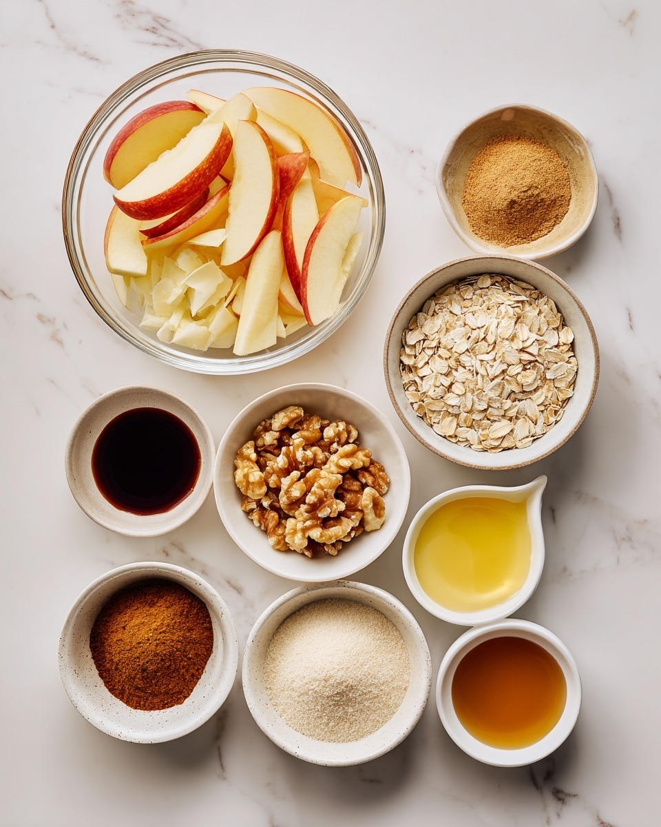 The image shows a top-down view of several small glass and white bowls arranged on a white marbled surface. The largest clear bowl at the top left is filled with thinly sliced apple pieces and a small pile of grated apple. Surrounding this are smaller bowls containing various ingredients: rolled oats, two types of brown powder spices placed side by side in a small white bowl, a small white bowl with a yellow liquid likely honey, a bowl with chopped walnuts, a bowl with beige flour-like powder, and two small bowls with brown liquids that look like vanilla or syrup. The colors range from creamy whites and pale yellow to warm browns and fresh apple reds and creams, with everything neatly organized. photo taken with an iphone --ar 4:5 --v 7