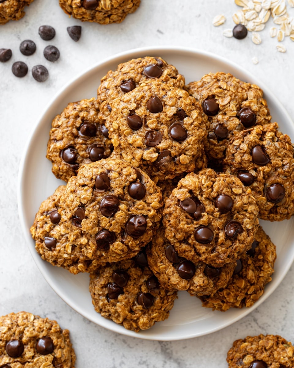 A stack of about nine oatmeal cookies with visible chocolate chips is shown on a white plate set on a white marbled surface. The cookies are textured with oats and have a golden-brown color, with the chocolate chips scattered across the top and embedded throughout. Some chocolate chips are also scattered around the plate on the surface. The cookies appear thick and slightly uneven in shape, giving a homemade look. photo taken with an iphone --ar 4:5 --v 7