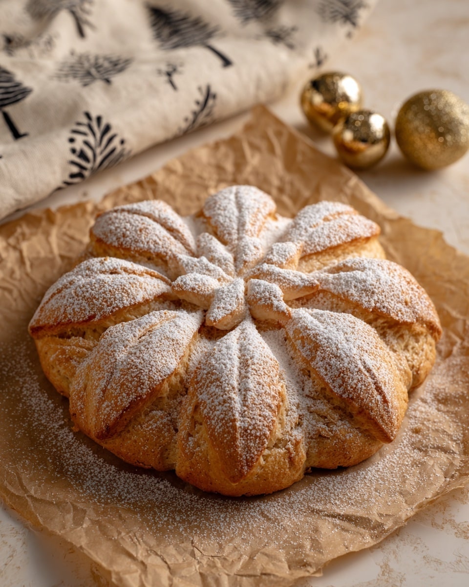The image shows a star-shaped pastry made of multiple twisted layers of golden-brown dough with a flaky texture, each section dusted lightly with powdered sugar. A woman's hand is gently lifting one of the star points, showing the soft, layered inside. The pastry is placed on crumpled brown parchment paper, with a warm tone that highlights the crispy outer crust and soft inner layers. The overall look is warm and inviting, with the pastries arranged in a circle around a central point. Photo taken with an iphone --ar 4:5 --v 7
