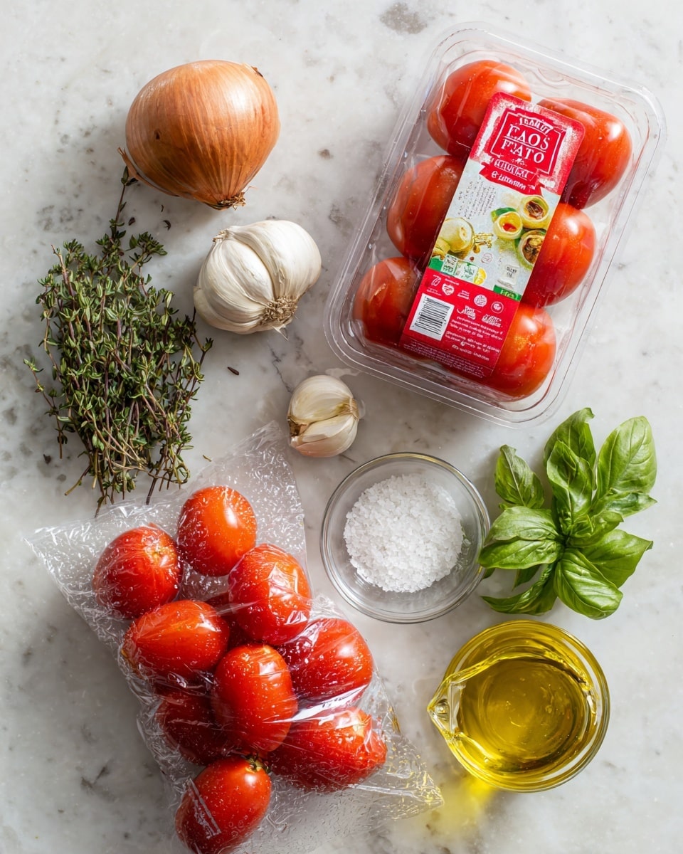 The image shows a collection of fresh ingredients on a white marbled surface. On the top right, there is a clear plastic container of red Campari tomatoes with a red and white label. To the left, there is a brown shallot and a small pale garlic clove. Below them, a clear plastic bag with red Villagio Marzano tomatoes is placed. Near the bottom center, there is a small clear glass bowl filled with coarse white salt. To the right of the salt, fresh bright green herbs are arranged, including oregano and basil leaves. Between the tomatoes and herbs, a small clear glass jug holds golden olive oil. The setup is neat and well-lit, emphasizing fresh, colorful, natural ingredients. photo taken with an iphone --ar 4:5 --v 7