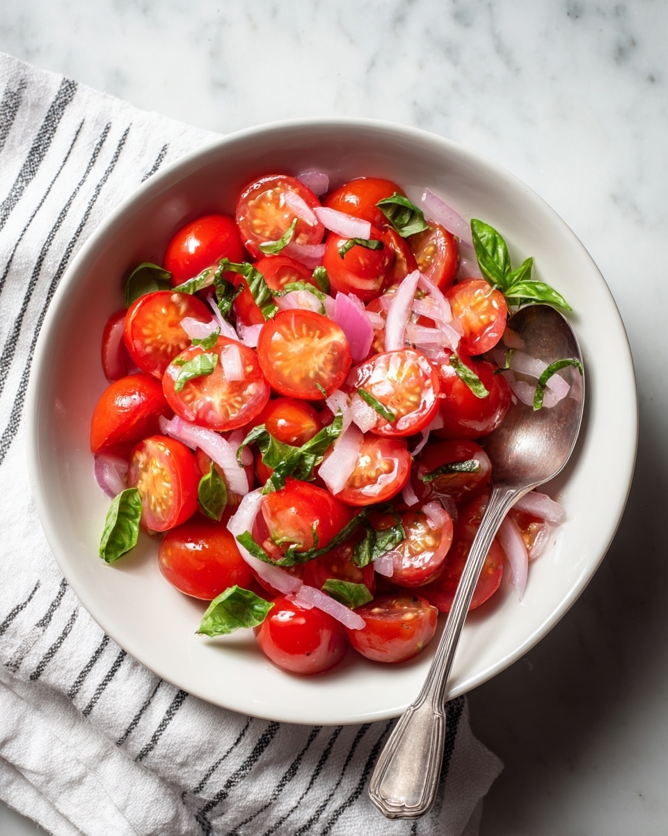 A white bowl filled with a fresh tomato salad sits on a white marbled surface. The salad has two layers: about three-quarters are halved bright red cherry tomatoes with shiny, smooth textures; mixed within are thin, pale pink slices of shallots and small pieces of dark green basil scattered evenly over the tomatoes, adding contrast. A silver fork and spoon rest on the right side inside the bowl, while a crumpled beige and black striped linen cloth lies to the left of the bowl. Photo taken with an iphone --ar 4:5 --v 7