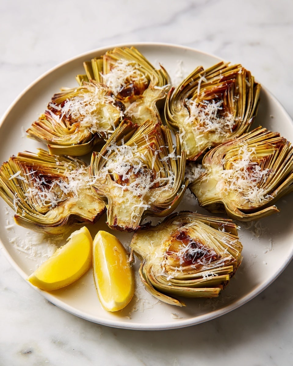A white round plate holds about twenty pieces of grilled artichoke quarters with a light brown char on edges and a pale green inner part. Each artichoke piece is topped with finely grated white cheese, adding a soft texture on top. Two lemon wedges, bright yellow with white pith, rest on the bottom left of the plate. The plate sits on a white marbled surface, giving a clean and fresh look. photo taken with an iphone --ar 4:5 --v 7