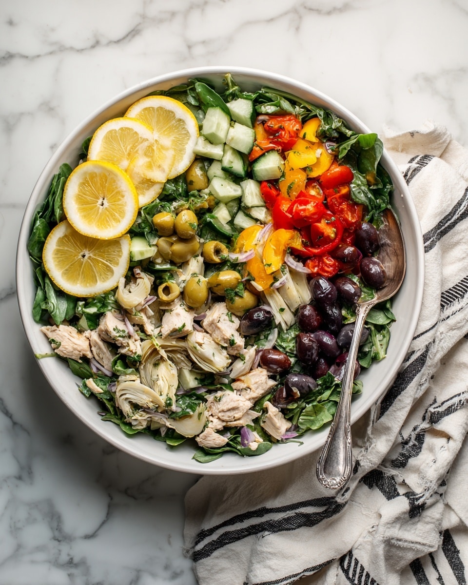 A white bowl filled with a colorful salad sits on a white marbled surface next to a striped cloth. The salad has many layers starting with a base of green leafy mixed greens. On top, there are chopped bright red cherry tomatoes, diced orange bell peppers, and pieces of pale green cucumber. Scattered around are dark purple sliced olives and light yellow artichoke hearts. Chunks of light pink tuna are spread throughout. Three thin lemon slices with a pale yellow peel sit on the side of the bowl. A silver spoon rests in the salad, ready to serve. Photo taken with an iphone --ar 4:5 --v 7