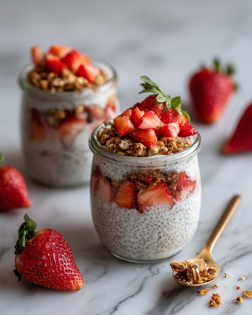The image shows two clear glass jars filled with three layers: the bottom and middle layers are creamy white chia pudding with small black chia seeds and visible bits of red strawberries. On top of this is a thin layer of crunchy light brown granola. The jars are topped with chopped bright red strawberries, with one whole strawberry placed on top of the jar. The jars sit on a white round plate on a wooden board, with whole strawberries scattered around and a brass spoon in the foreground. The background is a white marbled texture with soft natural light. Photo taken with an iphone --ar 4:5 --v 7