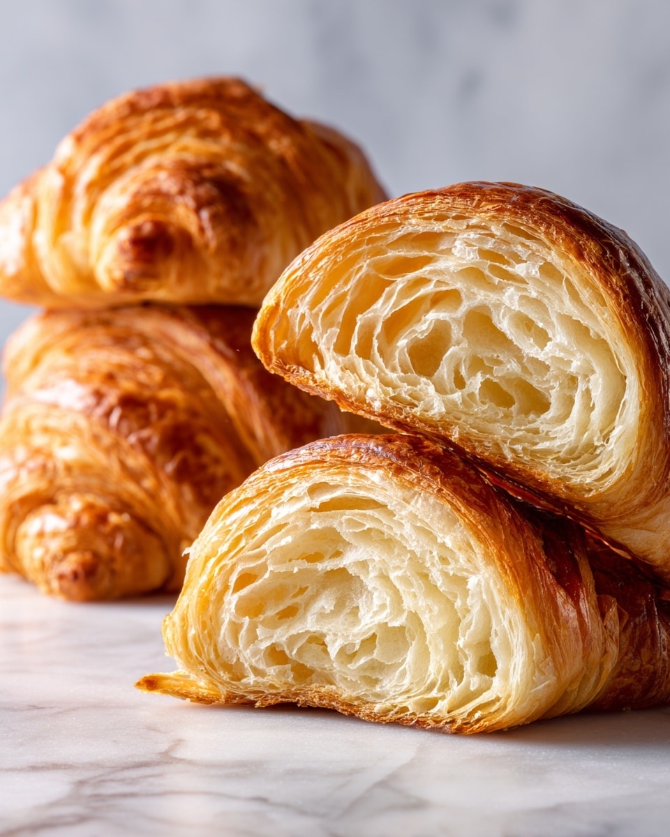 The image shows a close-up of golden brown croissants on a white marbled surface. On the left, whole croissants stacked, with a shiny, crisp, and slightly flaky outer layer that is richly baked with visible layers and curves. On the right, a single croissant is cut in half, showing the inside texture with many soft, airy layers that are light beige and fluffy. The two halves are placed next to each other with the layered interior clearly visible. The background is a soft, blurry white marbled texture. photo taken with an iphone --ar 4:5 --v 7