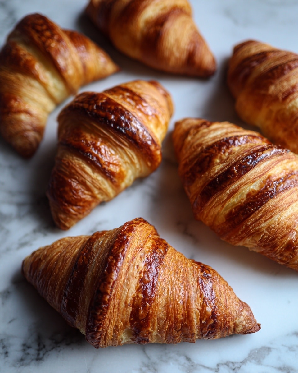 Seven golden brown croissants are placed closely together, showing their flaky texture and crisp layers. Each croissant displays shiny, toasted darker brown spots on the surface created by baked layers, with visible folded edges and a slightly curved shape. They are arranged on a white marbled surface with soft natural light highlighting the golden color and flaky texture. The overall look is warm and inviting, emphasizing the croissants' fresh and crispy crust photo taken with an iphone --ar 4:5 --v 7