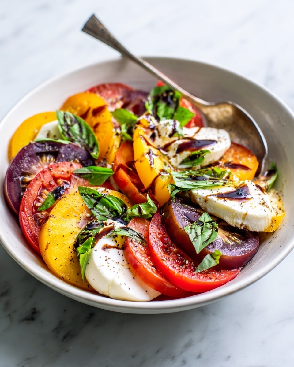 A white bowl holds a fresh salad made of three different layers: first, slices of red and orange heirloom tomatoes with their juicy, slightly shiny flesh; second, soft white mozzarella cheese balls irregularly placed on top of the tomatoes; third, fresh green basil and mint leaves scattered over everything. The tomato slices and mozzarella pieces are drizzled with a dark balsamic glaze and sprinkled with black pepper, adding texture. A silver spoon rests on the right side inside the bowl, which sits on a white marbled surface. Photo taken with an iphone --ar 4:5 --v 7