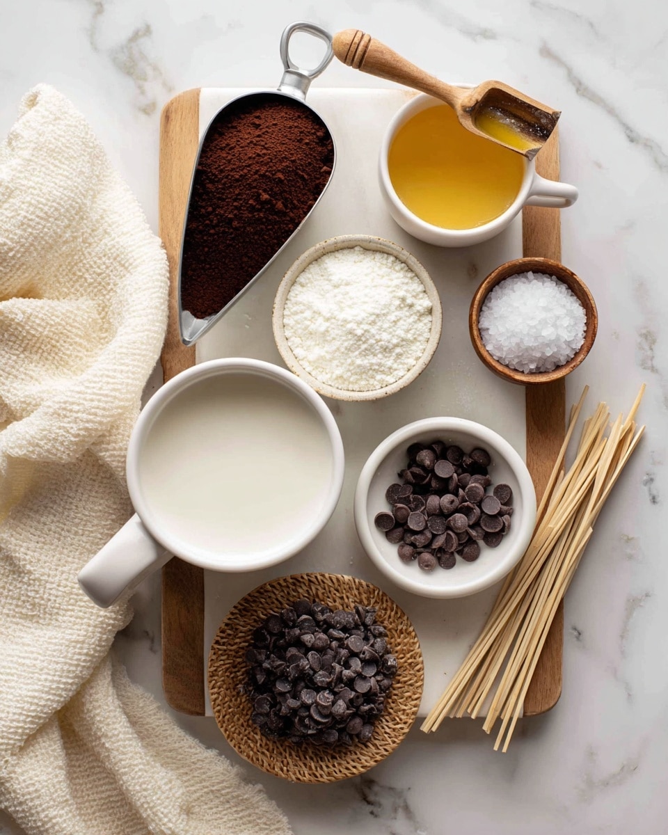 A top view of ingredients arranged neatly on a white marbled surface, featuring a white mug filled with white milk at bottom left, a metal scoop with dark brown cocoa powder at top left, a white cup with golden liquid near the center, a wooden-handled scoop heaped with white granulated sugar on the right, small white bowls with white powder and salt, and a round white bowl with dark brown chocolate chips on a small woven coaster at lower right. Several light wooden sticks are placed at top right on a light wooden board underneath the cups and scoops. A cream-colored cloth is casually placed at bottom left next to the milk mug. Photo taken with an iphone --ar 4:5 --v 7