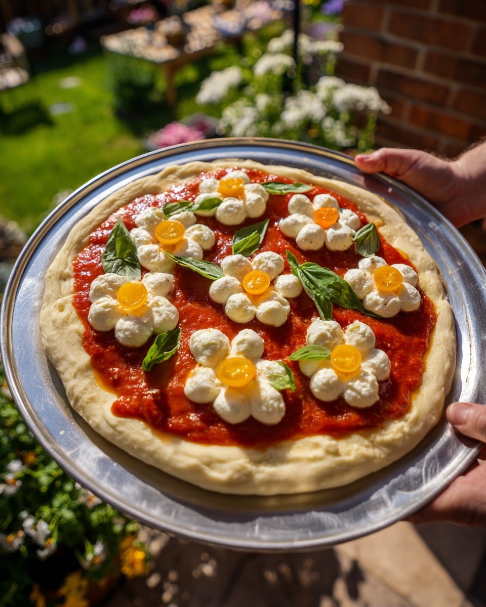 A pizza with a thick, pale dough crust is held on a silver metal peel. The base is covered with a bright red tomato sauce spread evenly, topped with small white mozzarella balls arranged in flower shapes around bright yellow cherry tomatoes in the center of each flower. Fresh green basil leaves are scattered between the flowers, adding a pop of color. The scene is outdoors with a blurred green garden and brick wall in the background. The photo taken with an iphone --ar 4:5 --v 7