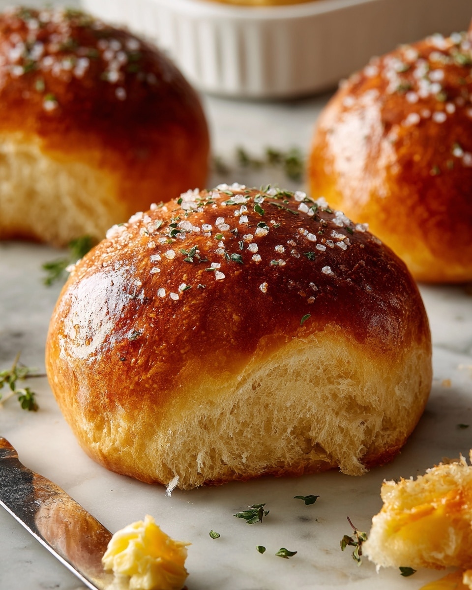 A soft, golden brown bread roll with a shiny top sprinkled with coarse salt grains is placed on a white marbled surface. The roll shows a fluffy, light interior texture visible where it has been pulled apart. In the background, another similar roll is visible along with a white baking dish holding more rolls. Small green herb sprigs are scattered around the surface. To the right side, part of a silver butter knife with a pat of butter on it rests on a piece of paper with text. photo taken with an iphone --ar 4:5 --v 7