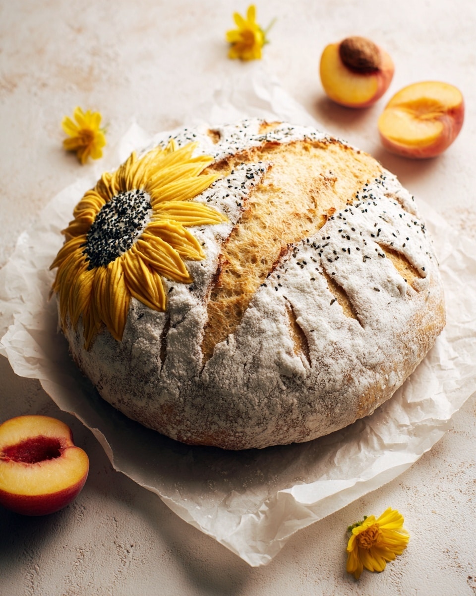 A rustic round loaf of bread with a thick, golden-brown crust sits in a black cast iron skillet lined with white parchment paper. The top of the bread features a decorative flower pattern with a dark patch of seeds on one petal area. Several slices of the same bread are arranged behind the loaf inside the skillet, showing a soft, light brown crumb with an airy texture. The skillet rests on a white marbled surface with peach halves scattered nearby, showing soft yellow flesh and deep red centers. A brown cloth is partially visible under the skillet, and a clear container with fresh green microgreens is positioned in the background. Photo taken with an iphone --ar 4:5 --v 7