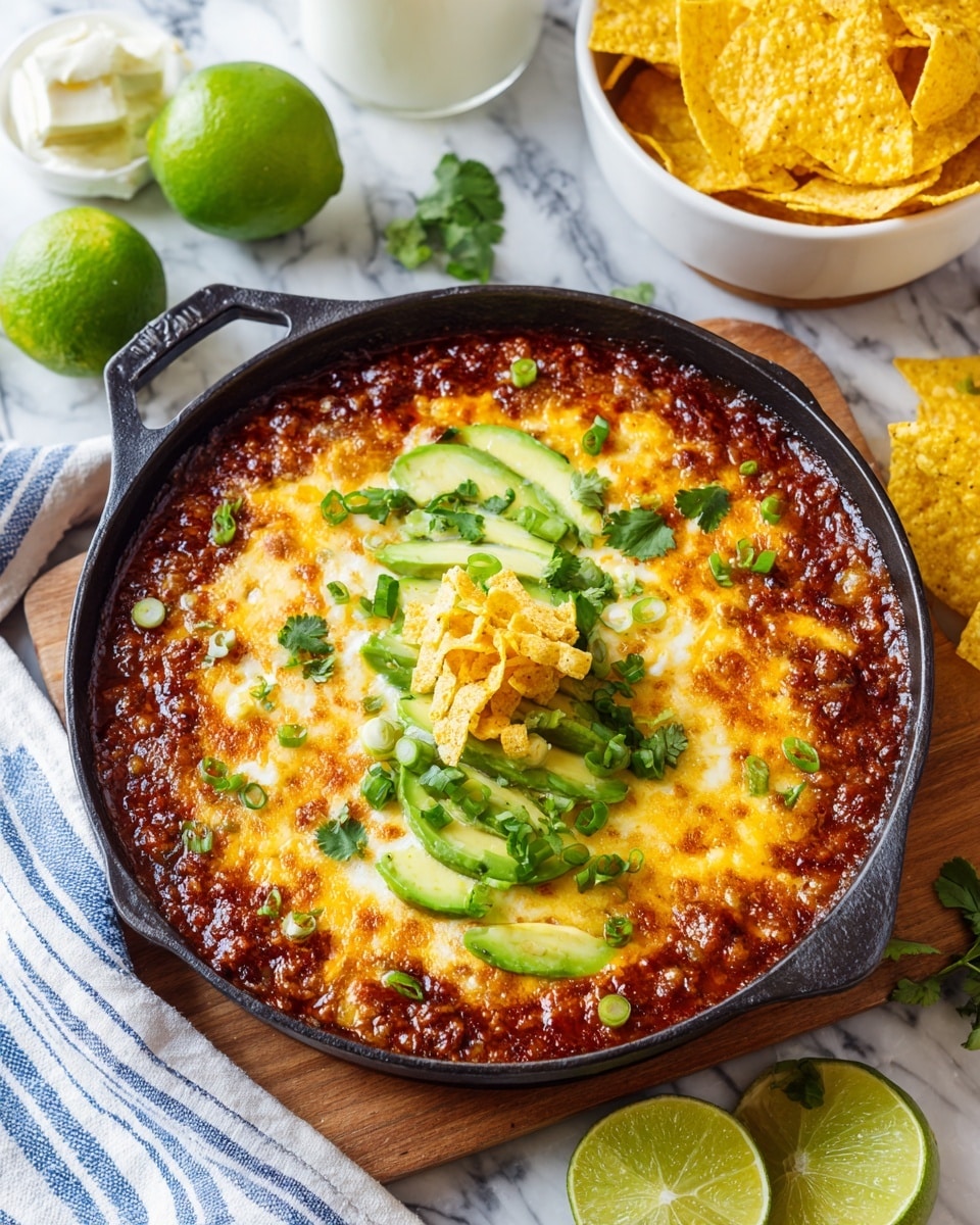 A round black skillet holds a layered dish with a melted golden-yellow and white cheese top covering a rich orange-brown sauce beneath. At the center, there is a fan of light green sliced avocado surrounded by bright green chopped scallions. Above the avocado, there is a small pile of light golden curved chips and fresh green cilantro leaves. The skillet sits on a wooden surface with lime halves, a tomato, a yellow tomato, and a white bowl of tortilla chips visible around it. A white cloth with black stripes is draped near the skillet, and a light blue speckled plate is seen at the corner. photo taken with an iphone --ar 4:5 --v 7