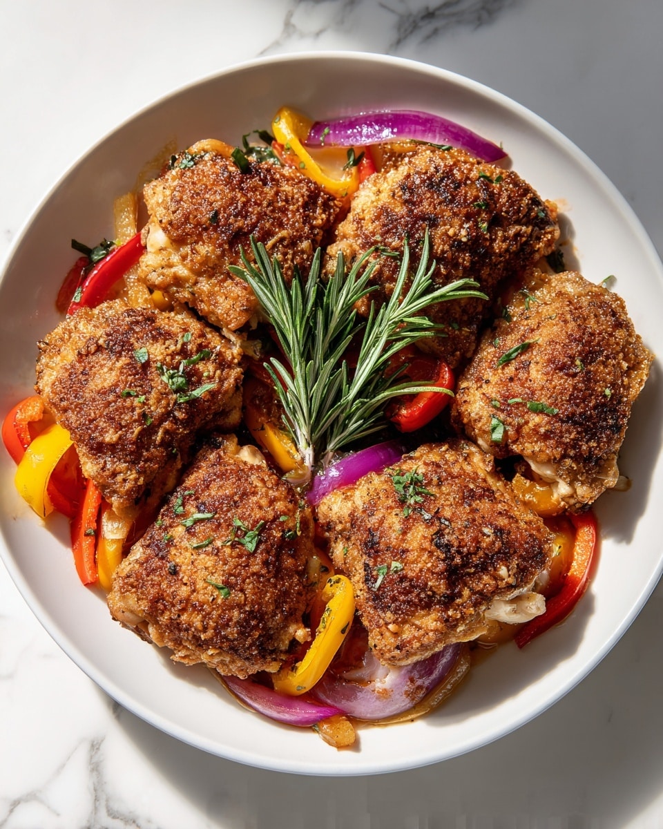 The dish shows six pieces of browned, crispy chicken thighs placed evenly in a circle around the center of a white plate. Beneath the chicken are slices of cooked red and yellow bell peppers mixed with purple onion pieces, creating a colorful base. A sprig of fresh green rosemary sits upright in the middle of the plate, adding a touch of green and freshness. The chicken skin has a deep golden brown texture with some blackened spots, and there are small green herb leaves scattered over everything. The plate sits on a white marbled surface with natural light shining on the food, highlighting the rich colors and textures. photo taken with an iphone --ar 4:5 --v 7