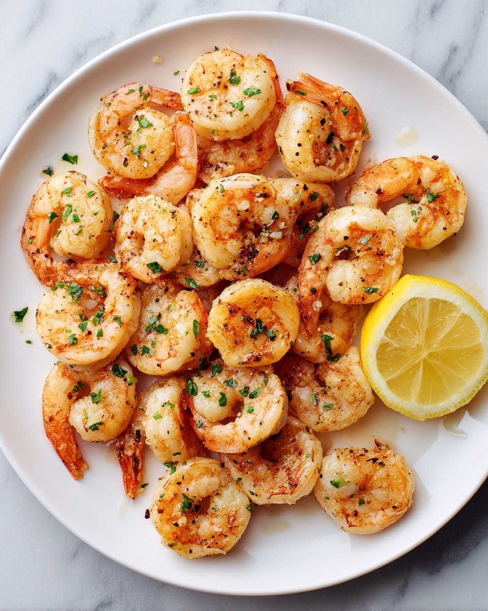 A white plate filled with around three layers of cooked shrimp that are orange-pink with some char marks, showing a texture of slight grill marks and a shiny, moist surface. The shrimp are arranged in a casual pile, mostly curled with tails intact, and sprinkled generously with bright green chopped parsley. On the right side of the plate, there is a lemon half with a bright yellow rind and juicy, pale yellow inside. The background and surface have a white marbled texture. photo taken with an iphone --ar 4:5 --v 7
