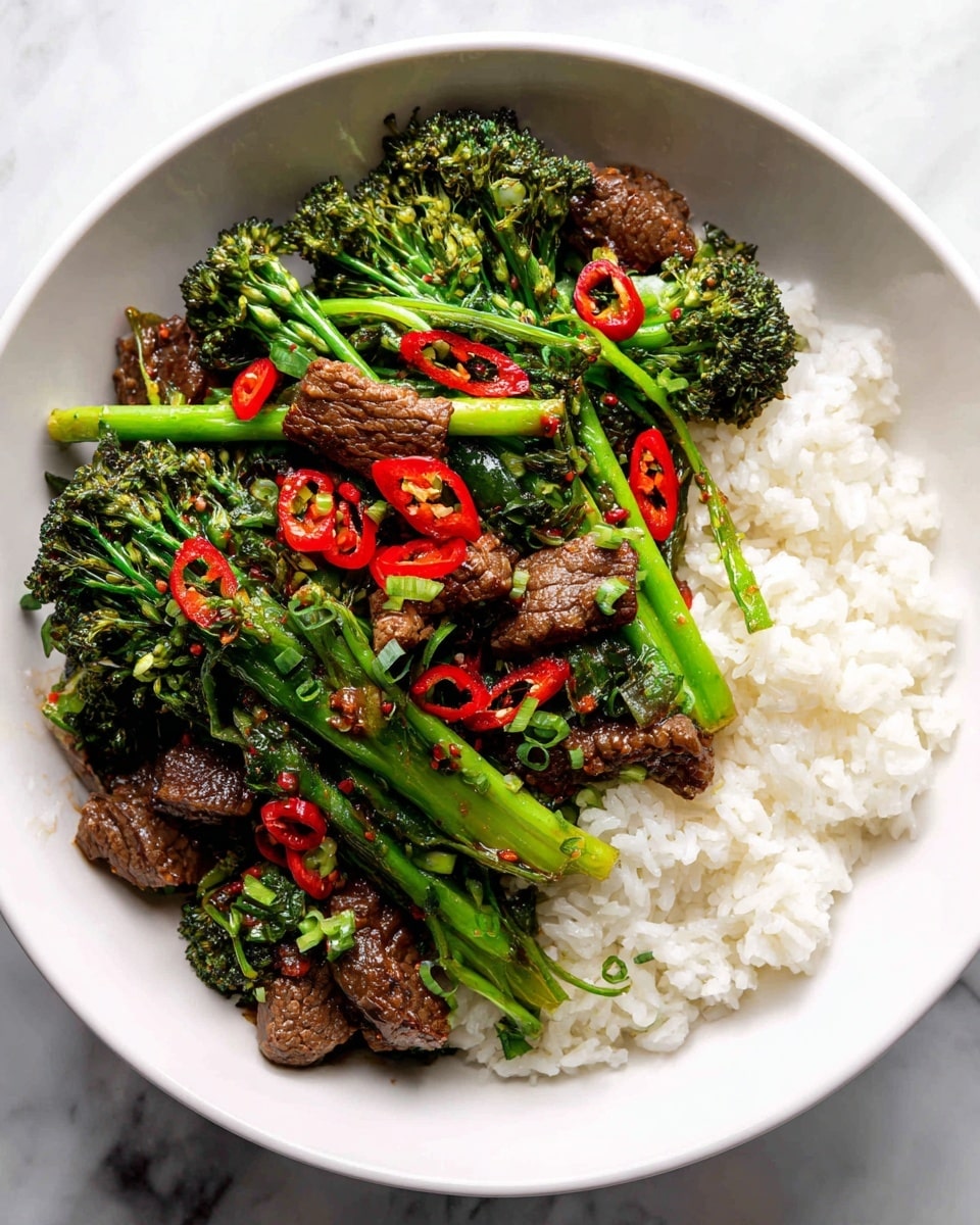 A white bowl holds a colorful dish with two main layers. The bottom layer is a bed of soft, fluffy white rice that fills half the bowl. On top, there is a stir-fry of green broccoli florets and bright red chili slices mixed with dark brown beef strips coated in a shiny sauce. Small pieces of fresh green herbs and chopped green onions are sprinkled over the stir-fry, adding texture and freshness. The bowl sits on a white marbled surface. photo taken with an iphone --ar 4:5 --v 7
