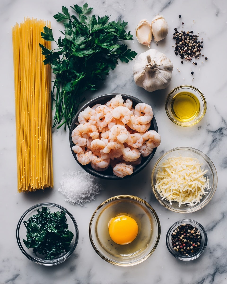 A flat lay of cooking ingredients arranged on a white marbled surface. On the left side, a bundle of uncooked yellow spaghetti pasta lies vertically next to fresh, dark green parsley. Below is a whole garlic bulb and a peeled garlic clove. In the center, there is a bowl filled with pink cooked shrimp stacked in layers, surrounded by small glass bowls containing golden olive oil, white garlic flakes, coarse white salt, chopped dark green spinach, a bright yellow raw egg yolk on a white base, and light yellow shaved cheese. A small bowl of mixed black and white peppercorns completes the arrangement. photo taken with an iphone --ar 4:5 --v 7