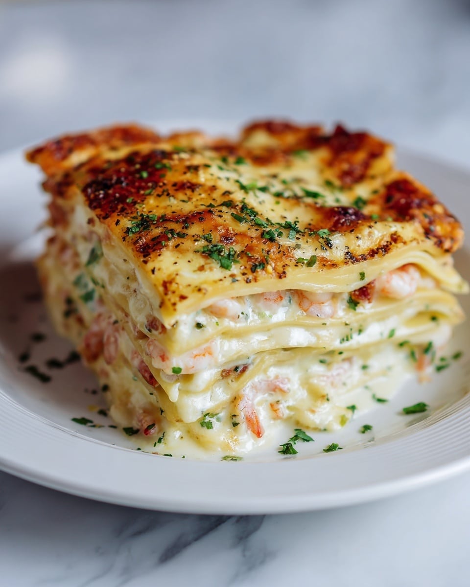 A three-layer lasagna slice sits on a white plate, each layer of pasta sheets showing a slightly golden edge. The bottom layer has creamy white sauce mixed with whole shrimp, visible as light pink with delicate texture. The middle layer repeats with pasta and white sauce, dotted with small green herbs and shrimp pieces. The top layer is a melted, golden-brown cheese with a few small browned spots and sprinkled with fresh green herbs and cracked black pepper. The lasagna has a slightly soft and creamy texture, with some cheese bubbling on the sides. The plate is on a white marbled surface. Photo taken with an iphone --ar 4:5 --v 7