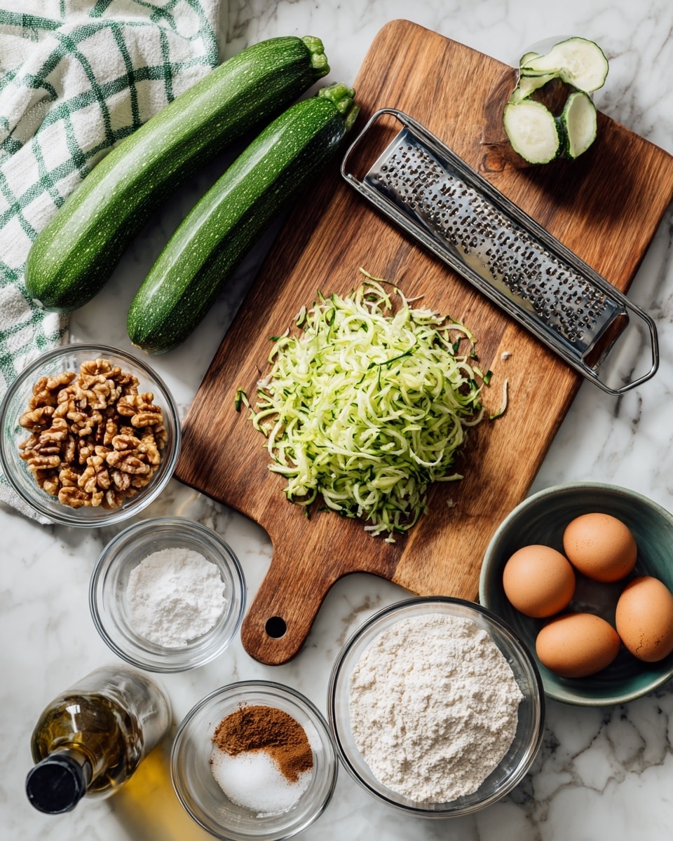 The image shows a wooden cutting board on a white marbled surface with ingredients arranged around it. On the board, there is a metal grater sitting next to a pile of freshly shredded green zucchini. Two whole zucchinis lie horizontally at the top left, one partially sliced open to show its inner texture. To the right side on the board, a silver measuring cup holds chopped walnuts. Below the board, several clear glass bowls contain different ingredients: the largest bowl at bottom right is filled with white flour, a medium bowl at bottom left holds granulated sugar, a small bowl contains white powder on the very bottom edge, a small round bowl filled with brown cinnamon is in the center, and a smaller green bowl at the right holds salt. There is also a dark green glass bowl with three brown eggs near the top right corner of the cutting board. A bottle of oil is partially visible at the bottom left. A white cloth with a green checkered pattern is placed in the upper background. Photo taken with an iphone --ar 4:5 --v 7