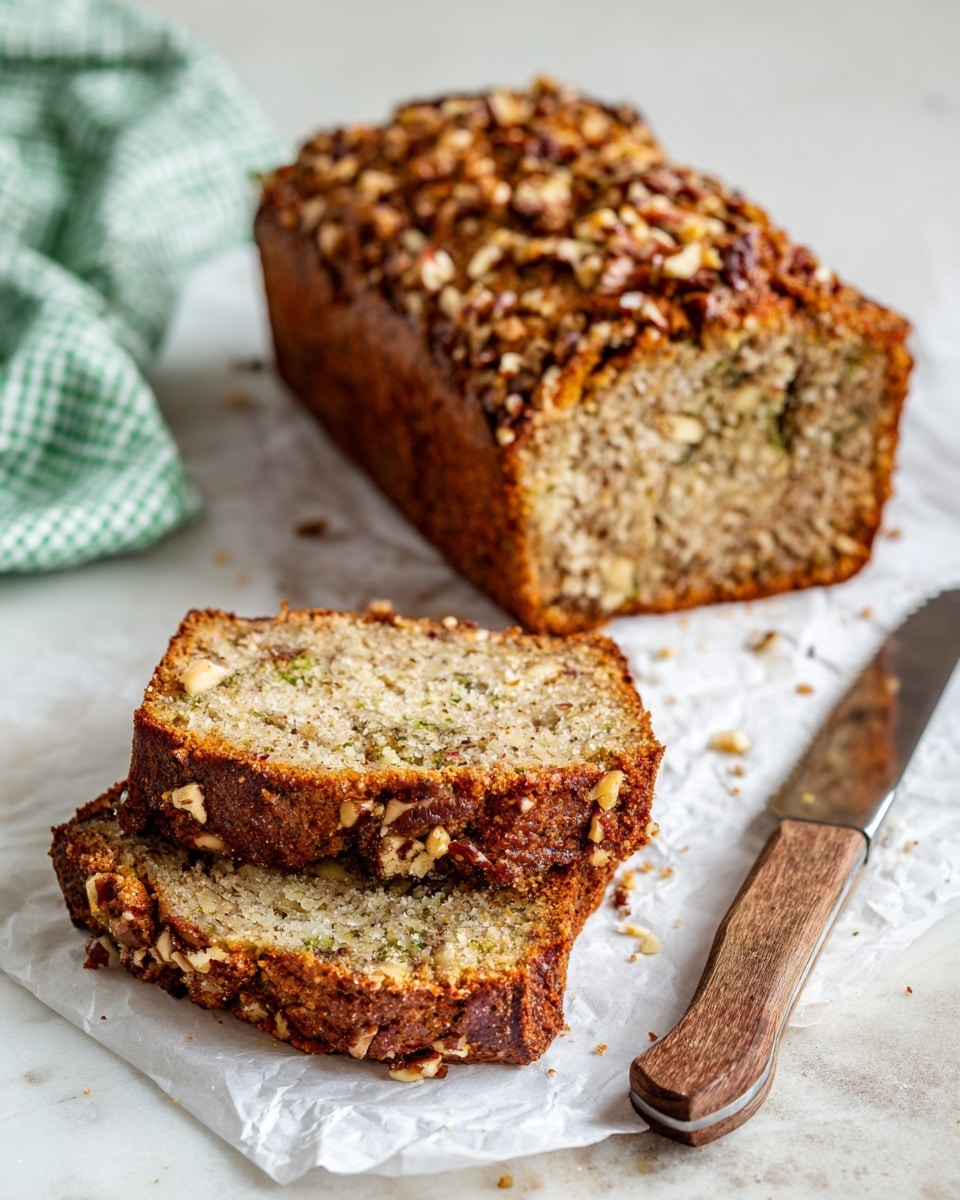 The image shows a loaf of nut-topped bread on a white sheet of parchment paper placed on a wooden board, with two slices cut and laid out in front of the loaf. The bread has a light brown color with small green bits inside, indicating the presence of zucchini. The top of the bread is covered with large, golden-brown walnut pieces, adding texture. A serrated knife rests on the parchment paper beside the bread. Another whole loaf is placed on a black cooling rack in the background, along with a white and green patterned cloth. The background surface is white marbled texture. Photo taken with an iphone --ar 4:5 --v 7