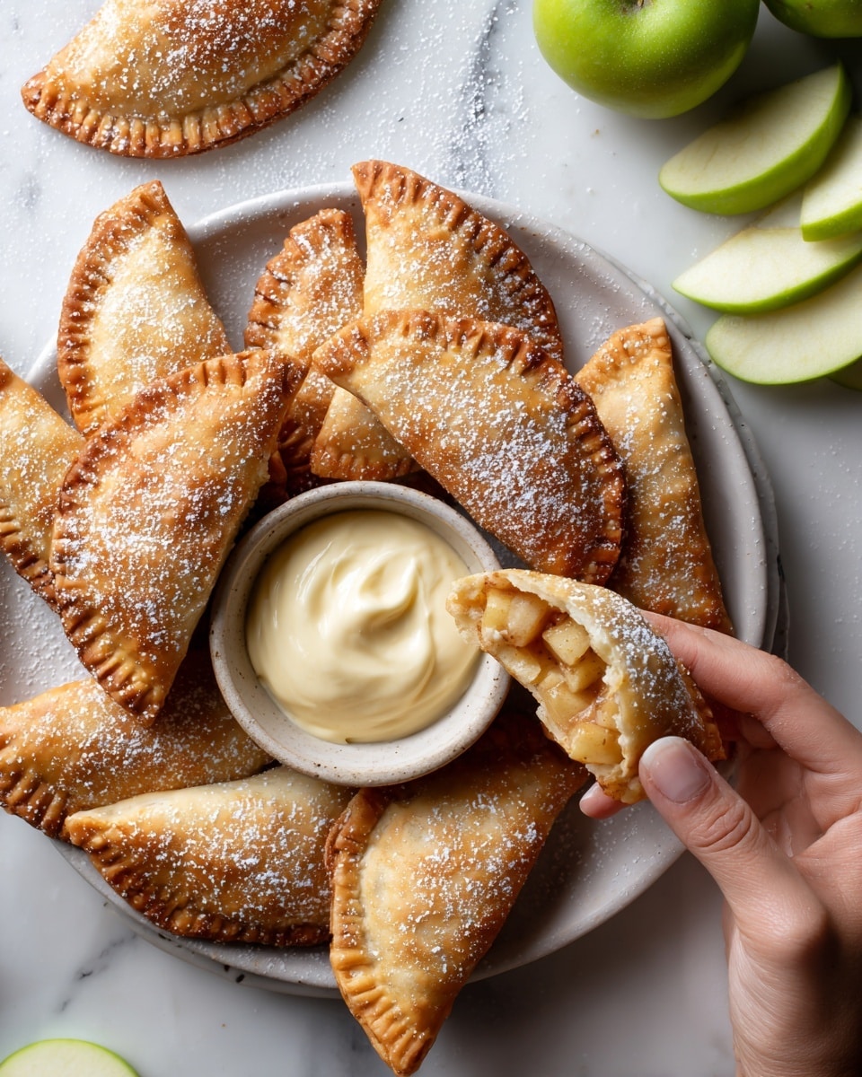 The image shows multiple golden brown triangular pastries dusted with powdered sugar, arranged on a white marbled surface. One pastry is partially broken open at the front, revealing a warm filling of small, soft apple pieces with a light cinnamon color. In the center, there is a small round bowl filled with creamy, pale yellow whipped cream. A woman's hand is holding one pastry, dipping it slightly into the whipped cream, showing the contrast between the crisp exterior and soft cream. To the top right, there are fresh green apple slices with a smooth, shiny texture. The overall look is warm, inviting, and fresh. photo taken with an iphone --ar 4:5 --v 7