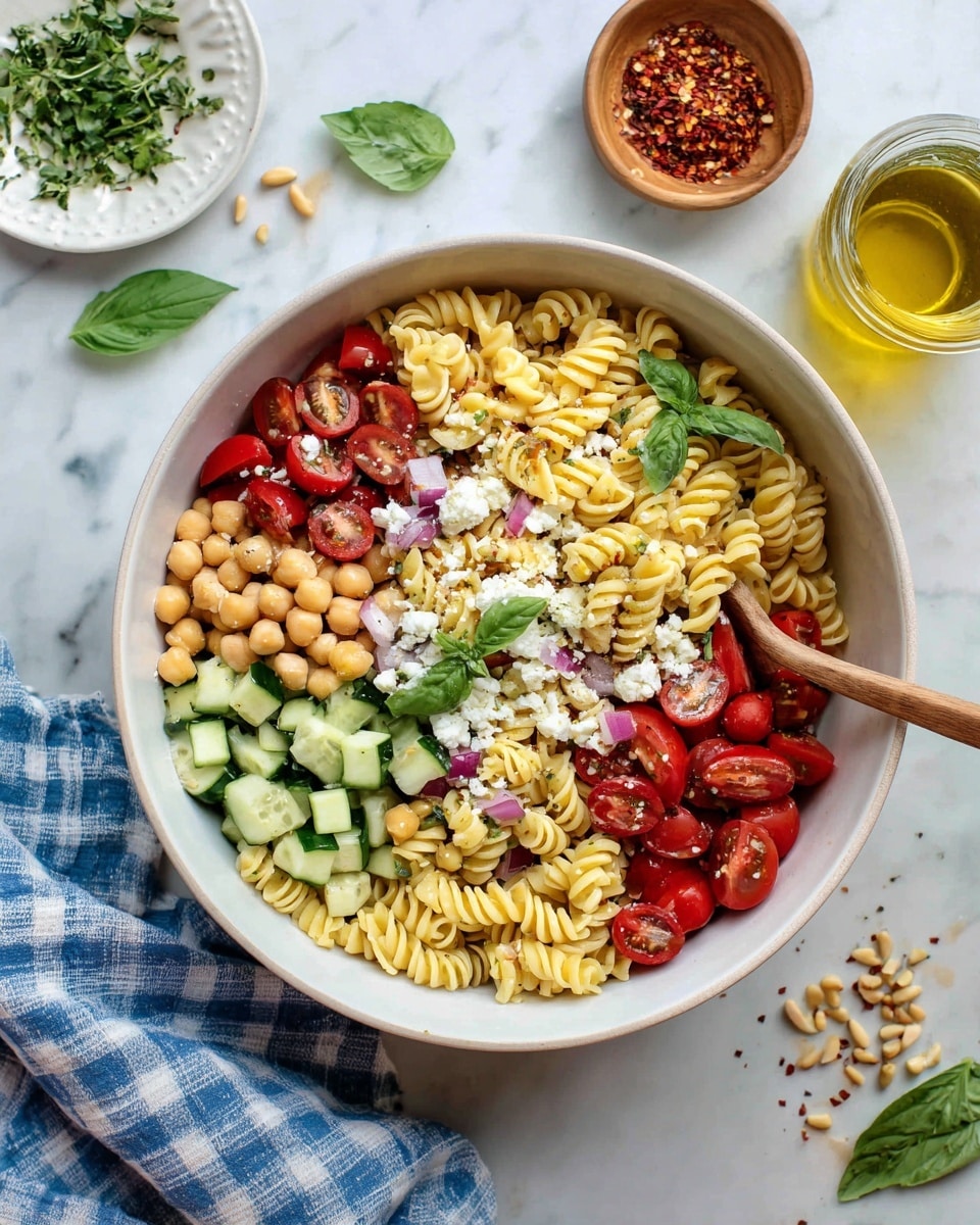 Easy Pasta Salad with Cherry Tomatoes, Chickpeas, Feta, and Fresh Herbs Recipe