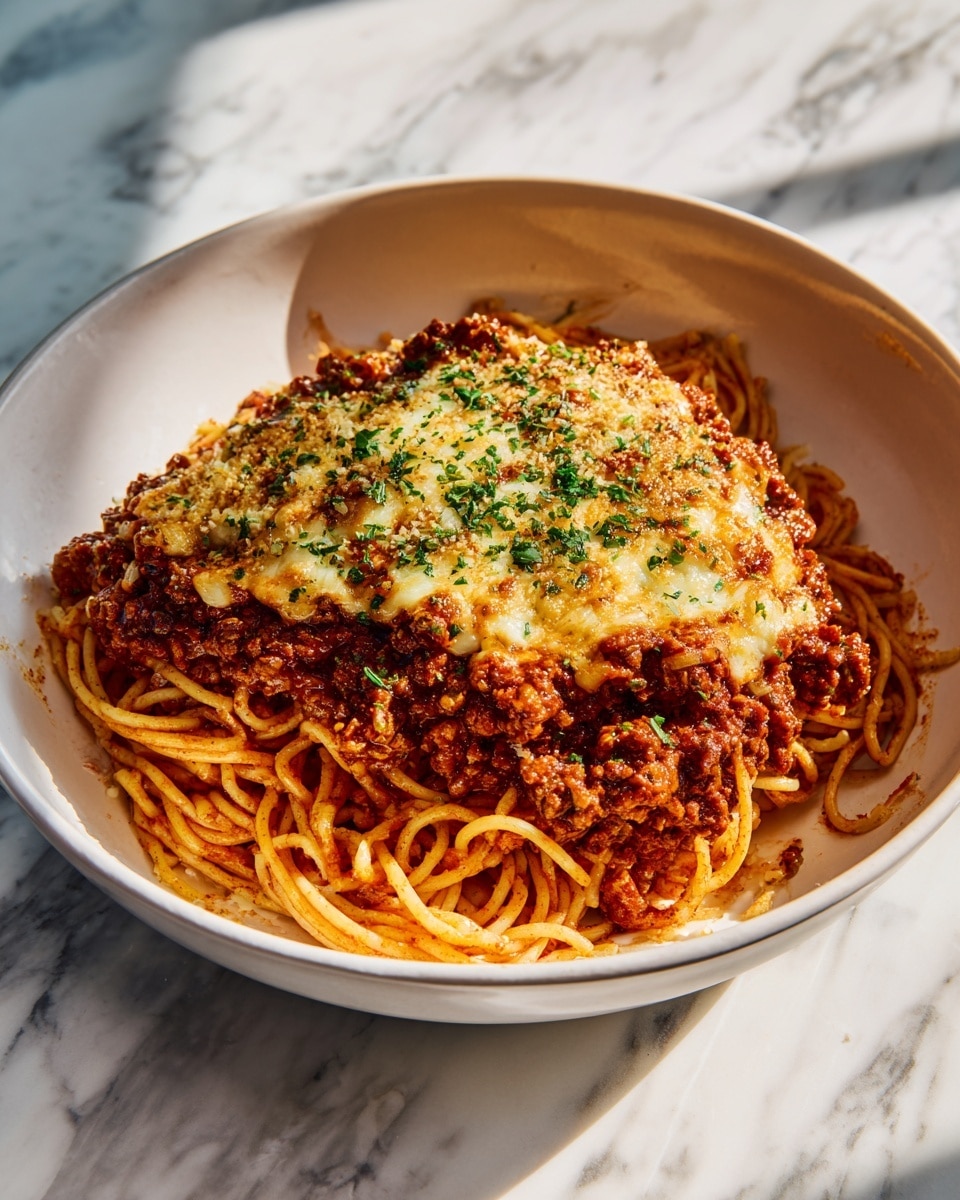 A white bowl sits on a white marbled surface, filled with three layers of food. The bottom layer is a bed of yellowish-orange spaghetti noodles with a slightly glossy texture. On top of the noodles is a thick layer of dark brown meat sauce with a rich texture. The top layer is a golden-brown melted cheese that looks bubbly and slightly crispy around the edges. Chopped bright green herbs are sprinkled over the cheese, adding a fresh contrast of color. Sunlight casts warm shadows, highlighting the textures and colors of the dish. photo taken with an iphone --ar 4:5 --v 7