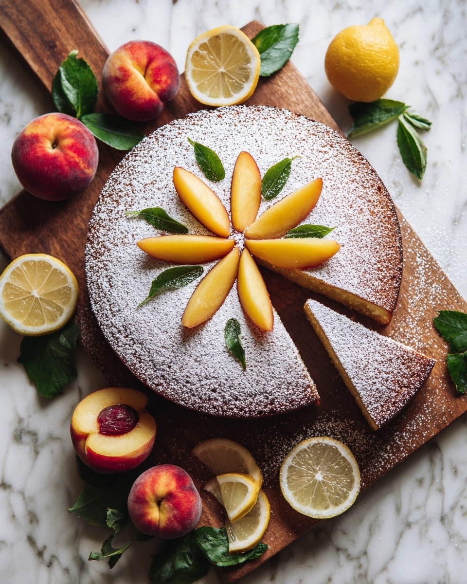 A round cake covered with a layer of white powdered sugar on top is placed on a wooden surface. Five peach slices with yellow flesh and red edges are arranged in a circular pattern in the center of the cake. One slice of the cake has been cut and slightly pulled out to reveal a dense, moist interior with hints of brown and orange. Around the cake, there are several whole peaches and two lemon halves placed on the white marbled texture surface, adding color contrast with their bright red, orange, and yellow tones. photo taken with an iphone --ar 4:5 --v 7