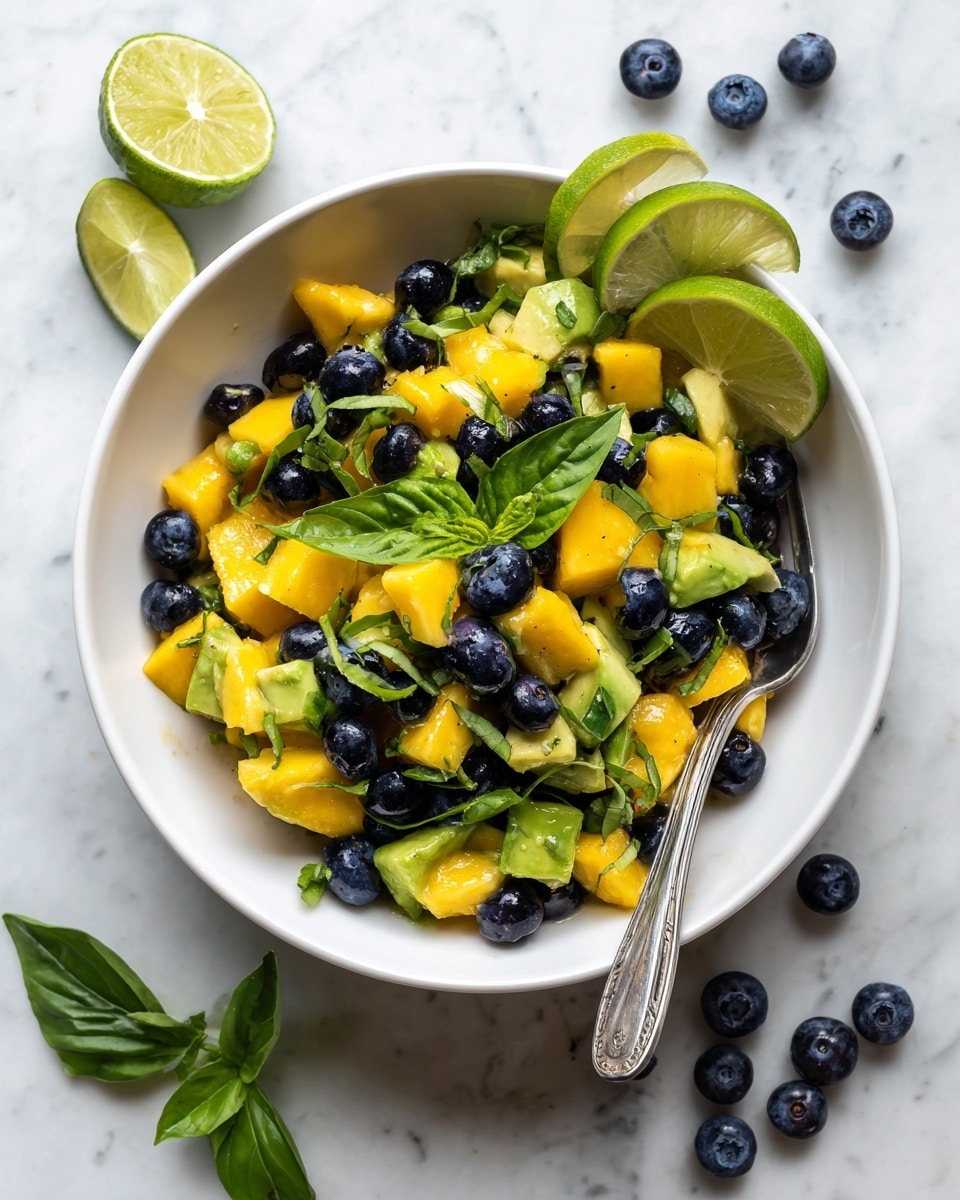 A white bowl filled with a colorful salad sits on a white marbled surface. The salad has three main layers: at the bottom, small yellow mango cubes, mixed with chunks of light green avocado; on top, dark blue blueberries scattered evenly; and fresh green basil leaves spread across the top. To the left inside the bowl, thin slices of lime are placed partially on the salad. A silver fork rests inside the bowl on the right side. Around the bowl, loose blueberries and fresh basil leaves add to the fresh look. Photo taken with an iphone --ar 4:5 --v 7