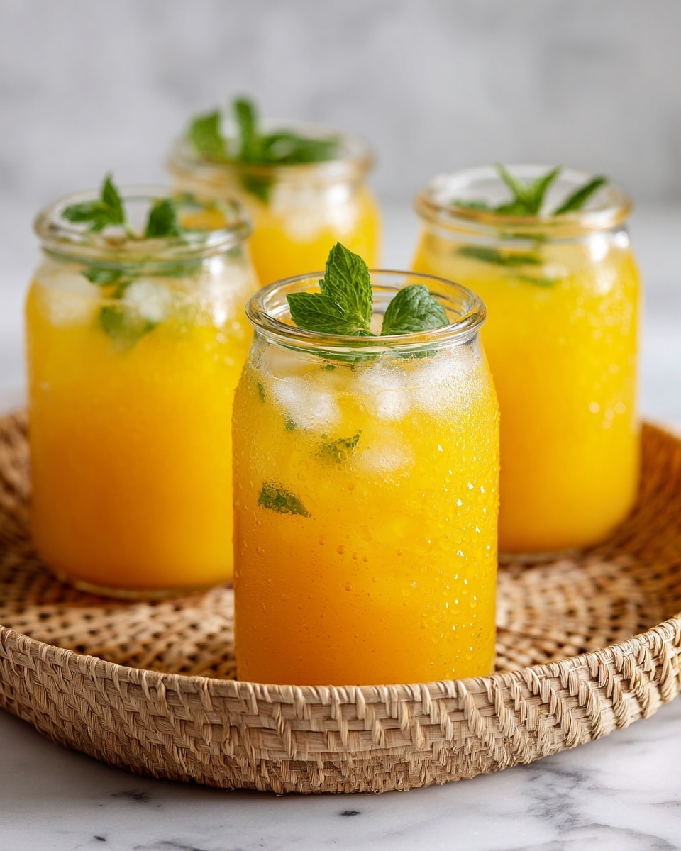 A close-up of a clear glass jar filled with bright yellow-orange juice, topped with small ice cubes and fresh green mint leaves, showing condensation on the jar’s smooth surface. The jar has a clear glass handle on the left side and sits inside a woven brown basket with intricate textures. In the background, blurred jars filled with the same juice and mint garnish can be seen against a white marbled surface. photo taken with an iphone --ar 4:5 --v 7
