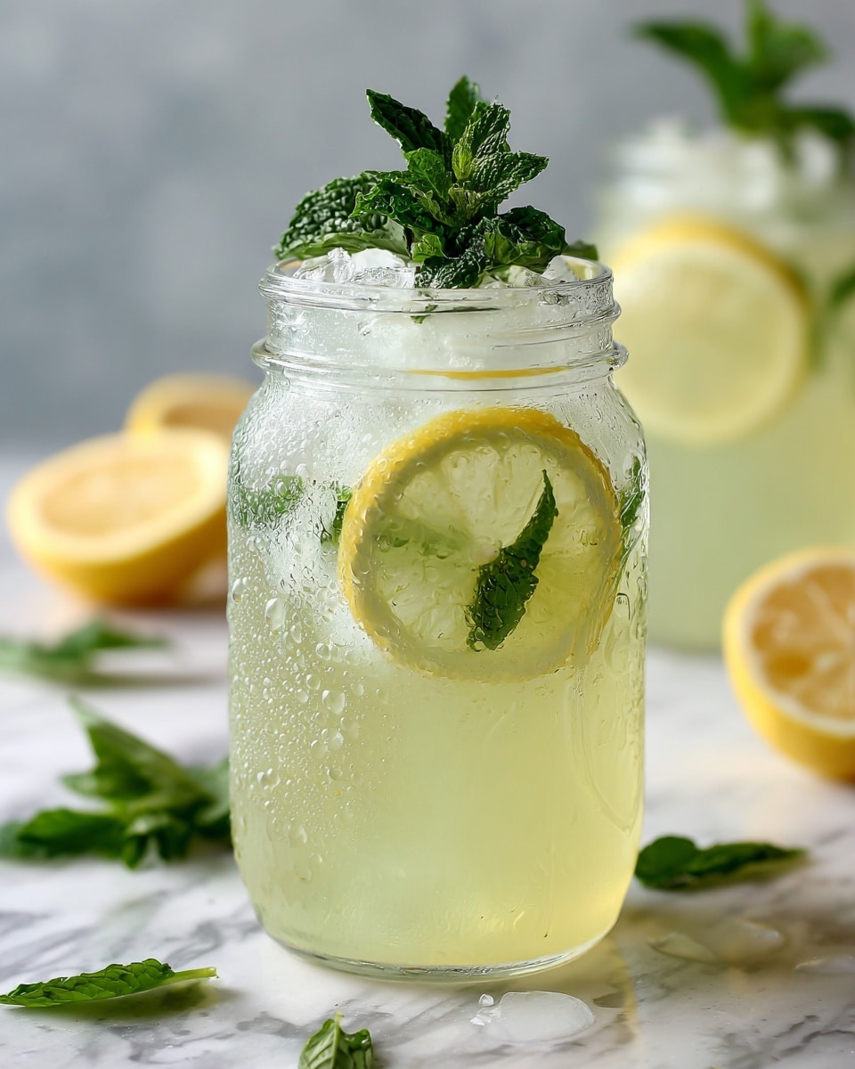 The image shows a close-up of a clear glass jar filled with a pale yellow-green drink. Inside the jar, thin lemon slices float within the liquid. The jar is topped with a sprig of bright green fresh mint leaves. Condensation covers the glass, giving it a cool and refreshing look. The background is a white marbled surface with scattered mint leaves and a few ice cubes around the jar. Other similar jars filled with the same drink are softly blurred in the background. Photo taken with an iphone --ar 4:5 --v 7