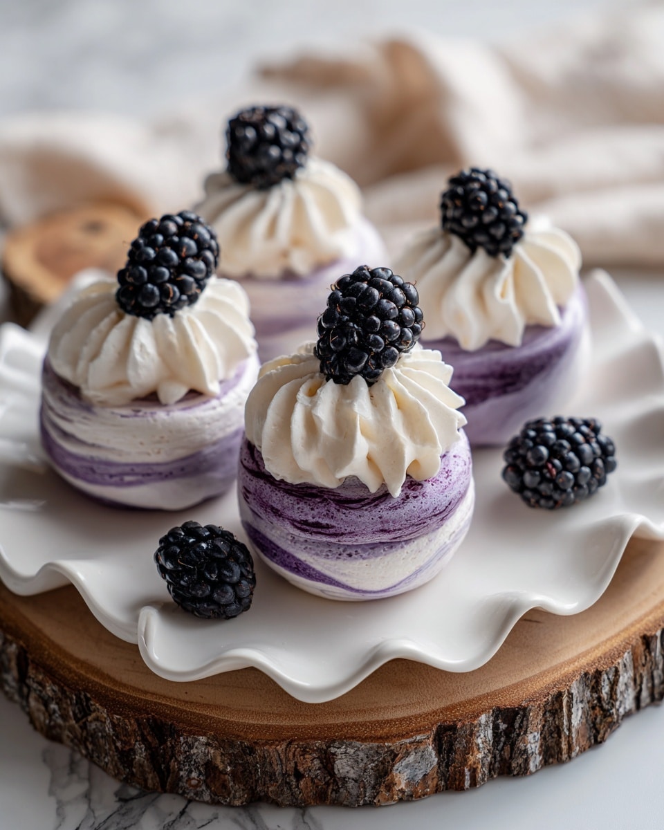 The image shows five round purple meringue nests with a light swirled texture and a slightly glossy surface. Each meringue has one visible layer with a smooth swirl pattern forming a small hollow center that holds a swirl of white whipped cream on top. Two blackberries sit nicely on the cream of one meringue in front, while the other visible meringues each have a single blackberry on their whipped cream. The meringues are placed on a white scalloped plate which rests on a wooden slice, all set on a white marbled surface. In the background, a shallow white bowl holds more blackberries. The lighting is soft and natural, giving a fresh look to the dessert. photo taken with an iphone --ar 4:5 --v 7