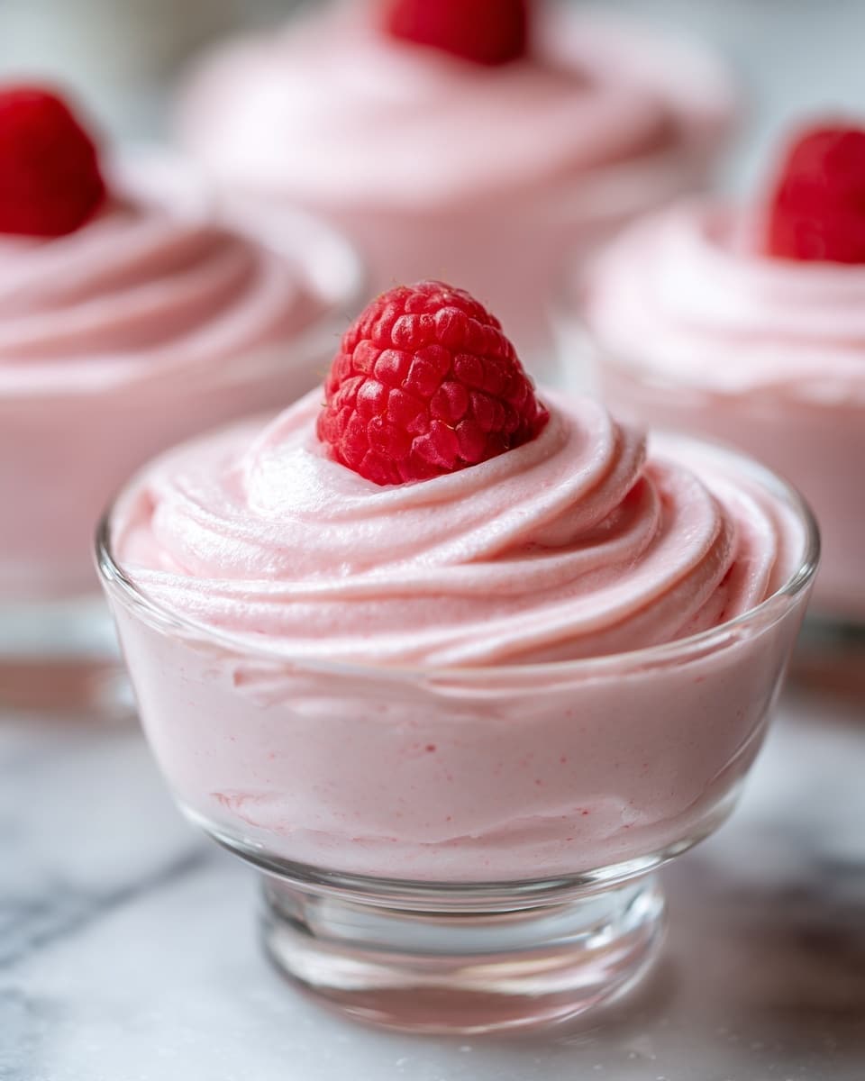 The image shows a clear glass bowl filled with one thick layer of smooth, swirled pink mousse. On top of the mousse sits a single whole red raspberry with a slightly textured surface. The background is softly blurred with more similar mousse bowls visible. The surface beneath is a white marbled texture. Photo taken with an iphone --ar 4:5 --v 7