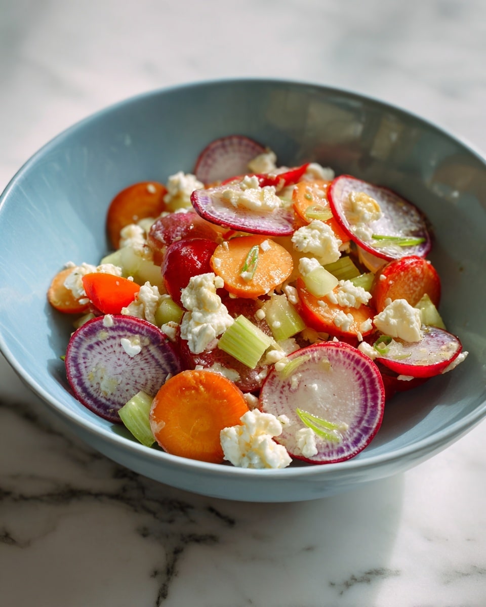 A close-up of a fresh salad in a white bowl on a white marbled surface shows three layers of ingredients: the base layer is small green leafy pieces, above it are bright orange sliced carrots, and on top are halved small purple and red radishes with tiny white and light beige crumbled pieces scattered throughout. The textures vary from smooth and shiny radish skins to rough, crumbly bits. photo taken with an iphone --ar 4:5 --v 7