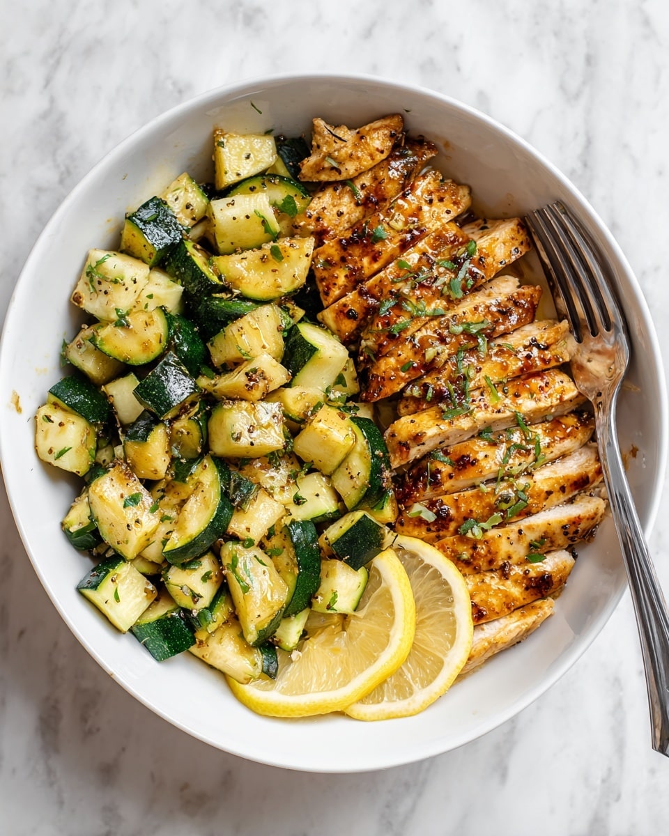 A white bowl contains two main layers: on the left side, there is a pile of cooked zucchini pieces that are green and light brown with a slightly shiny, seasoned texture; on the right side, there is a piece of grilled chicken sliced into about six strips with a golden-brown color and a glaze that reflects light, garnished with small bits of herbs. Two thin lemon slices with a pale yellow rind and light yellow flesh rest on the bottom right of the bowl, slightly overlapping the zucchini. A silver fork is placed at the top edge of the bowl, partly on the chicken. The bowl sits on a white marbled surface. photo taken with an iphone --ar 4:5 --v 7