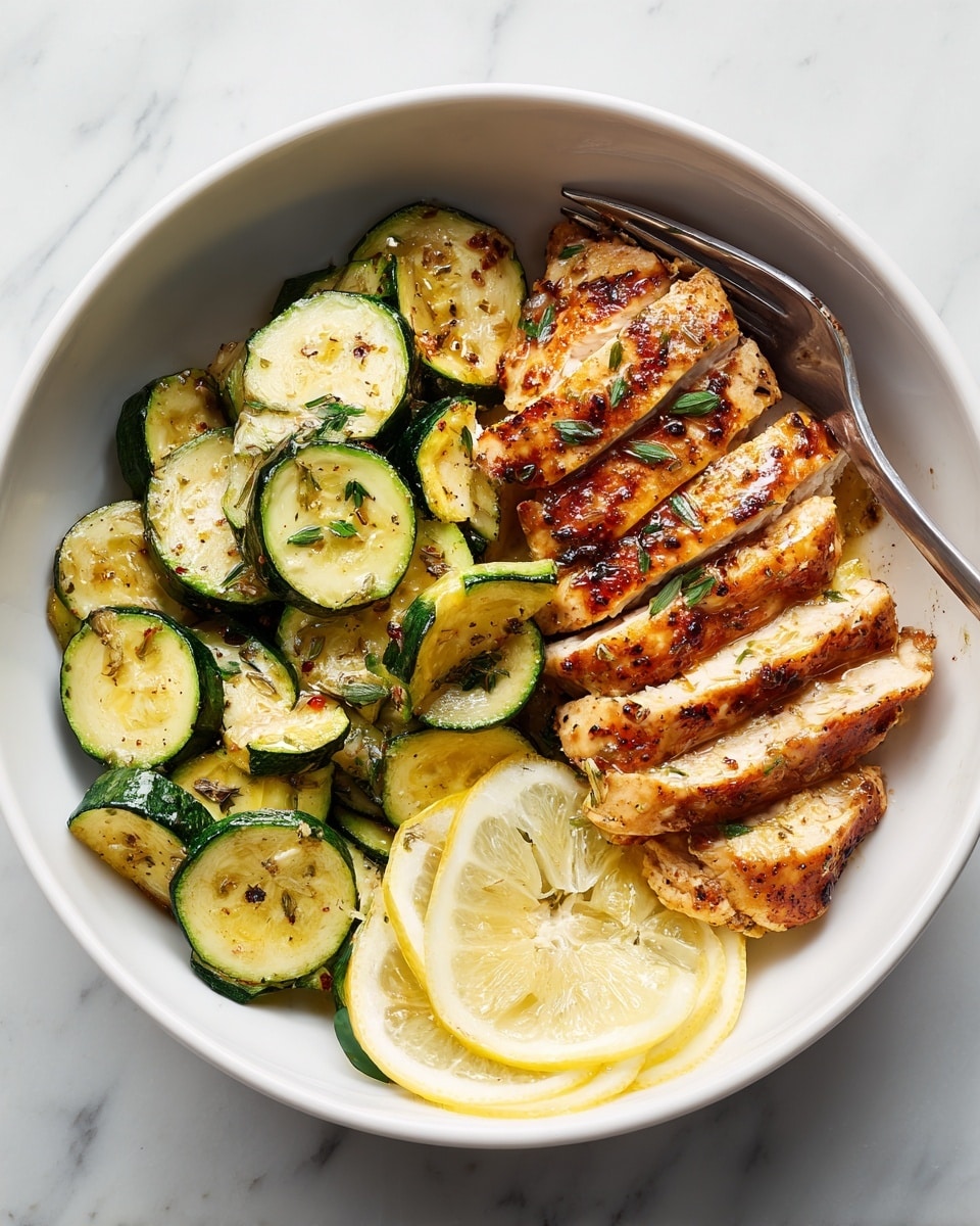 A white bowl contains two main layers: on the left side, there is a pile of cooked zucchini pieces that are green and light brown with a slightly shiny, seasoned texture; on the right side, there is a piece of grilled chicken sliced into about six strips with a golden-brown color and a glaze that reflects light, garnished with small bits of herbs. Two thin lemon slices with a pale yellow rind and light yellow flesh rest on the bottom right of the bowl, slightly overlapping the zucchini. A silver fork is placed at the top edge of the bowl, partly on the chicken. The bowl sits on a white marbled surface. photo taken with an iphone --ar 4:5 --v 7