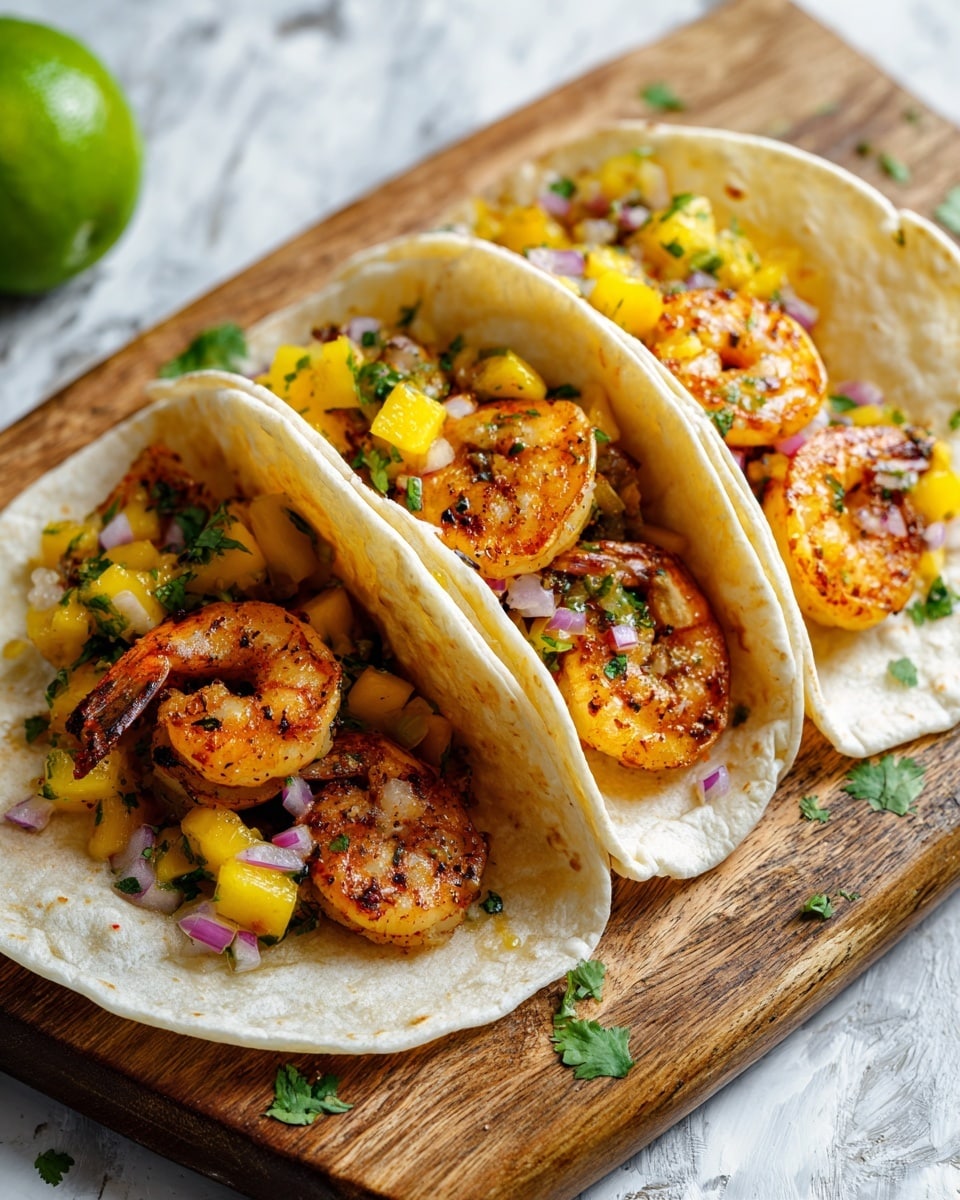 Three soft white corn tortillas are filled with bright orange grilled shrimp, small yellow mango chunks, and finely chopped red onion and green cilantro leaves. The shrimp have a slightly charred texture and glossy look, while the mango pieces add a juicy brightness scattered throughout. The fillings pile loosely in each tortilla, showing a mix of colors and textures against the warm, lightly marked tortillas that are folded and standing side by side. The scene is set on a white marbled surface. photo taken with an iphone --ar 4:5 --v 7