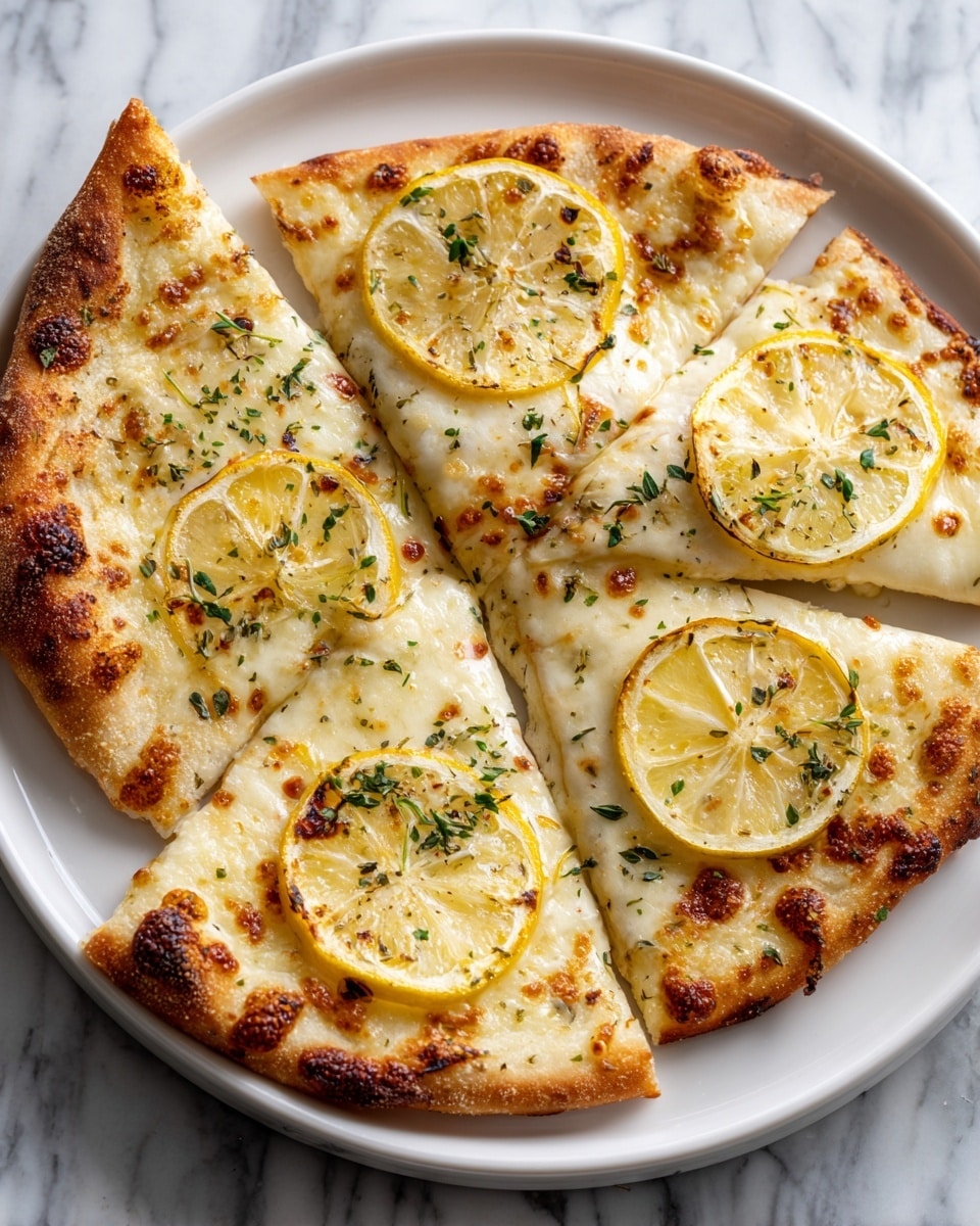 The image shows a pizza cut into many triangular slices arranged on a white plate. The pizza has a light golden crust with some darker brown spots and is topped with melted white cheese. Thin slices of lemon are placed on top of the cheese, and small pieces of green herbs are scattered over the pizza. The cheese appears slightly melted and bubbly, giving the pizza a textured and warm look. The thickness of the crust is moderate, and the toppings are evenly spread across each slice. Photo taken with an iphone --ar 4:5 --v 7
