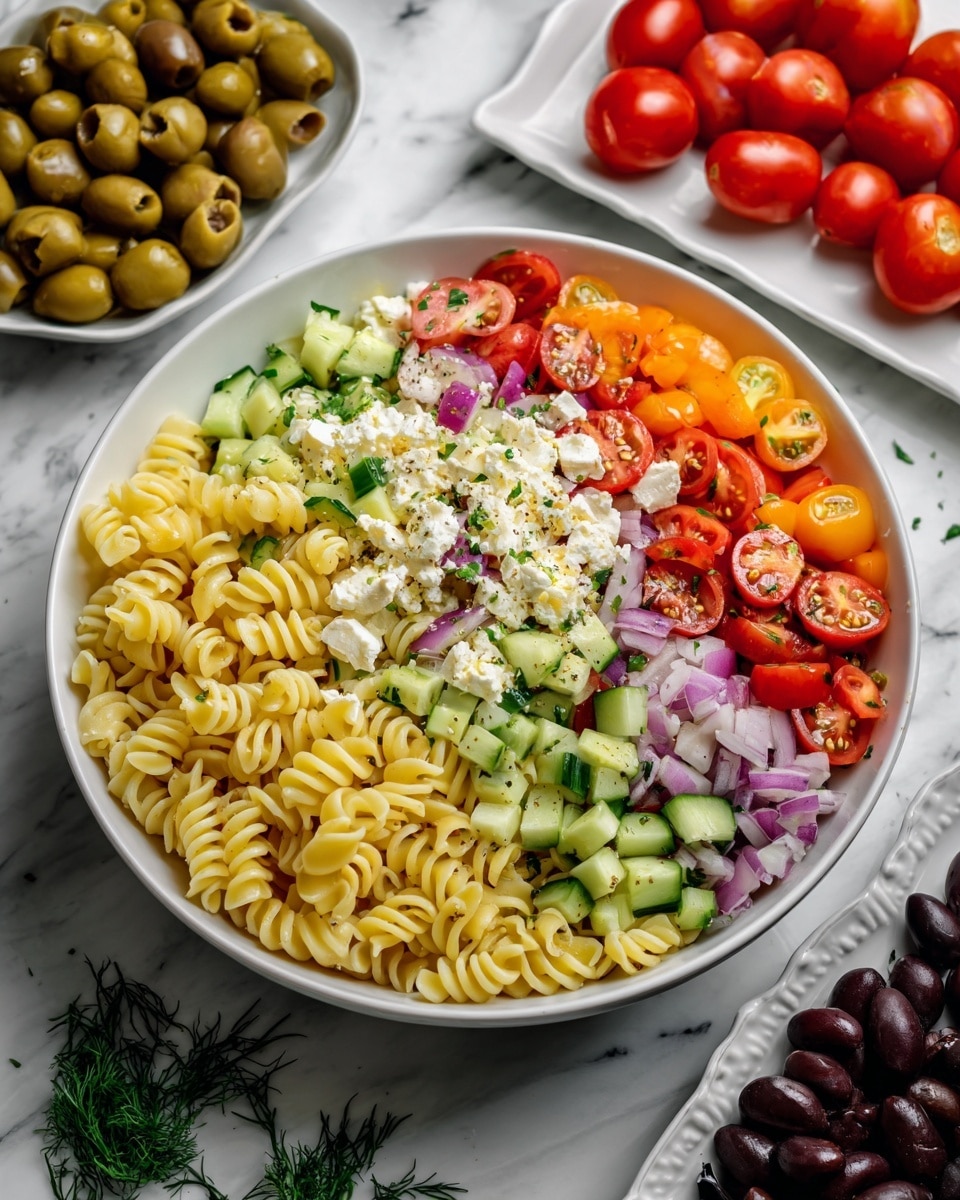 A bowl of pasta salad with three main layers: the bottom layer is ridged square-shaped pasta in pale yellow, scattered evenly; the middle layer has chunky pieces of green cucumber, red bell pepper, and halved red and yellow cherry tomatoes, adding vibrant colors; the top layer features black and green olive slices and small bits of white cheese crumbled over everything, with a sprinkle of finely chopped red onions giving small purple highlights. The dish is in a white bowl, placed on a white marbled surface. photo taken with an iphone --ar 4:5 --v 7