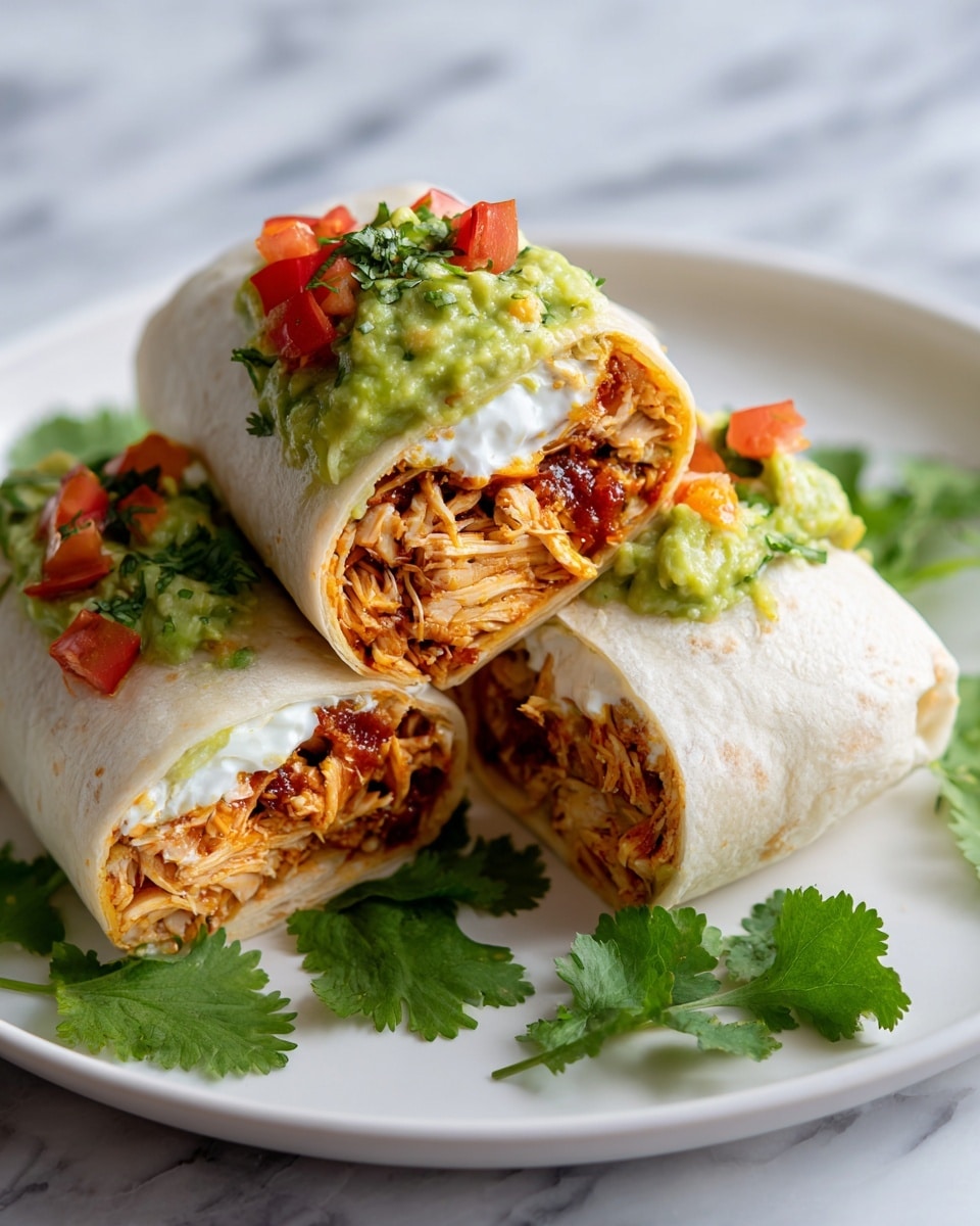 The image shows a white plate with a rolled burrito cut in half, revealing three layers inside: a soft light brown tortilla wrap on the outside, shredded light brown chicken mixed with small bits of red sauce in the middle, and a creamy layer of white sour cream topped with bright green guacamole and small red diced tomatoes on top. The burrito halves rest on fresh green cilantro leaves, and the background is a white marbled surface. Photo taken with an iphone --ar 4:5 --v 7